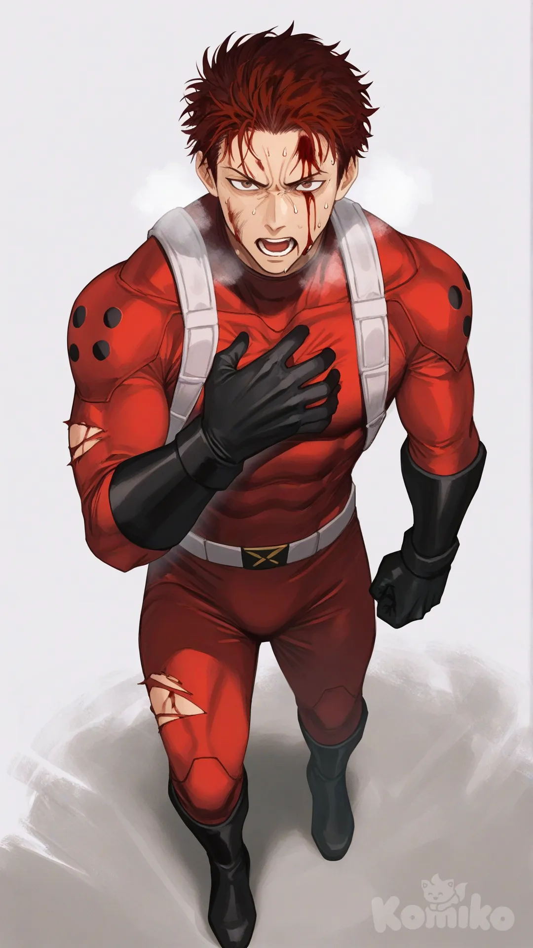 1boy, solo, white background, from front, looking at viewer,

Characters:
First character: Superhero, Derek Kingsfield, Jock Studio, muscular body, brown eyes, short dark red hair, warm peach skin tone, black gloves, he's wearing three tone red with black and white strap tight suit, superhero suit, [serious-man-style], full body, standing, Injured, torn suit, bleeding, bruise on face, hand on own chest, heavy breathing, weakness, forehead bleeding