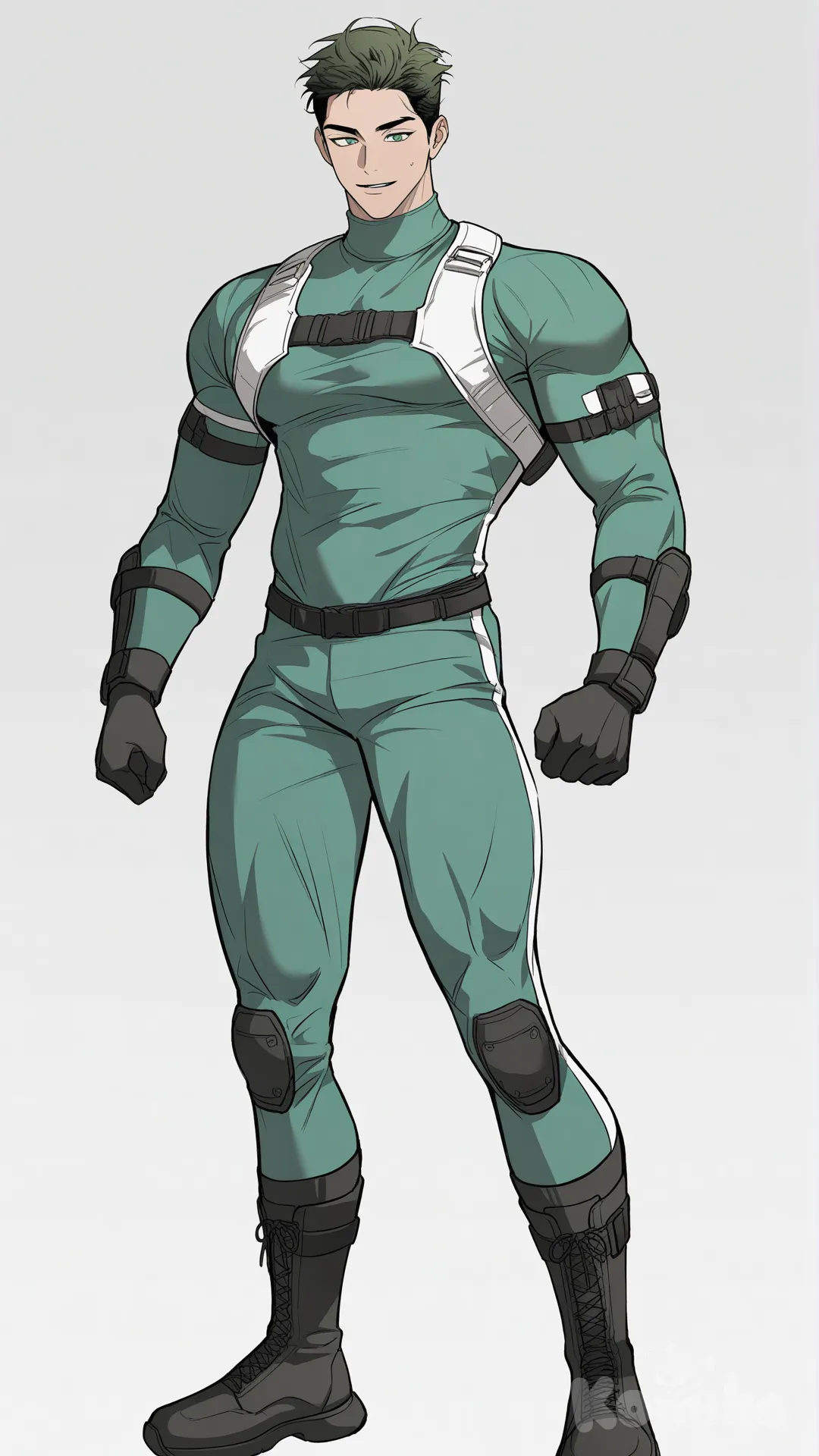 1boy, solo, looking at viewer, white background,

Characters:
First character: Superhero, Matt Carter, Jock Studio, athletic body, low taper quiff cut olive hair color, green eyes, medium skin tone, black gloves, black boots, he's wearing three tone green with black and white strap tight suit, superhero suit, [muscular-manhwa-style], full body, standing