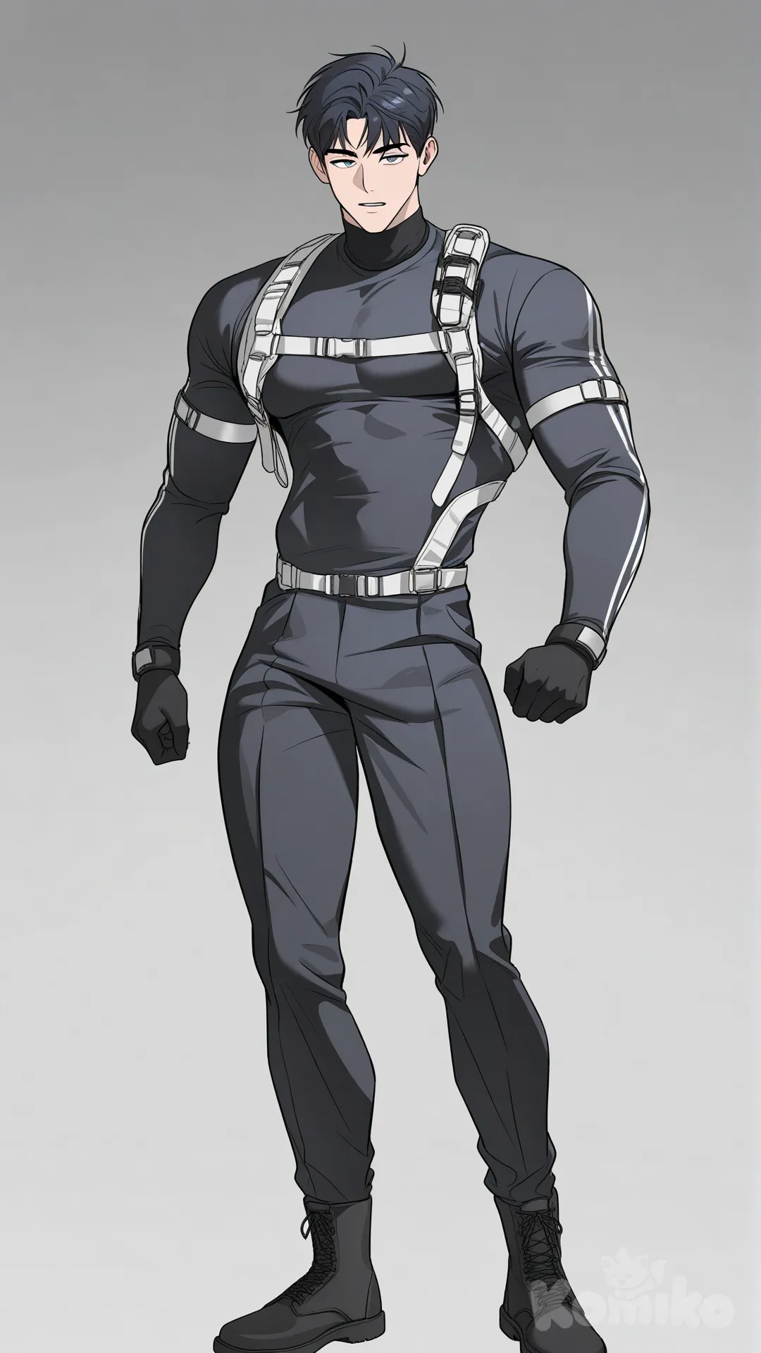 1boy, solo, white background, looking at viewer,

Characters: 
First character: Superhero, Ace Anderson, Jock Studio, slim-fit body, mature, dark blue hair textured crop, dark blue eyes, medium skin tone, black gloves, black boots, he's wearing three tone black with white and gold strap tight suit, superhero suit, [muscular-manhwa-style], full body, standing