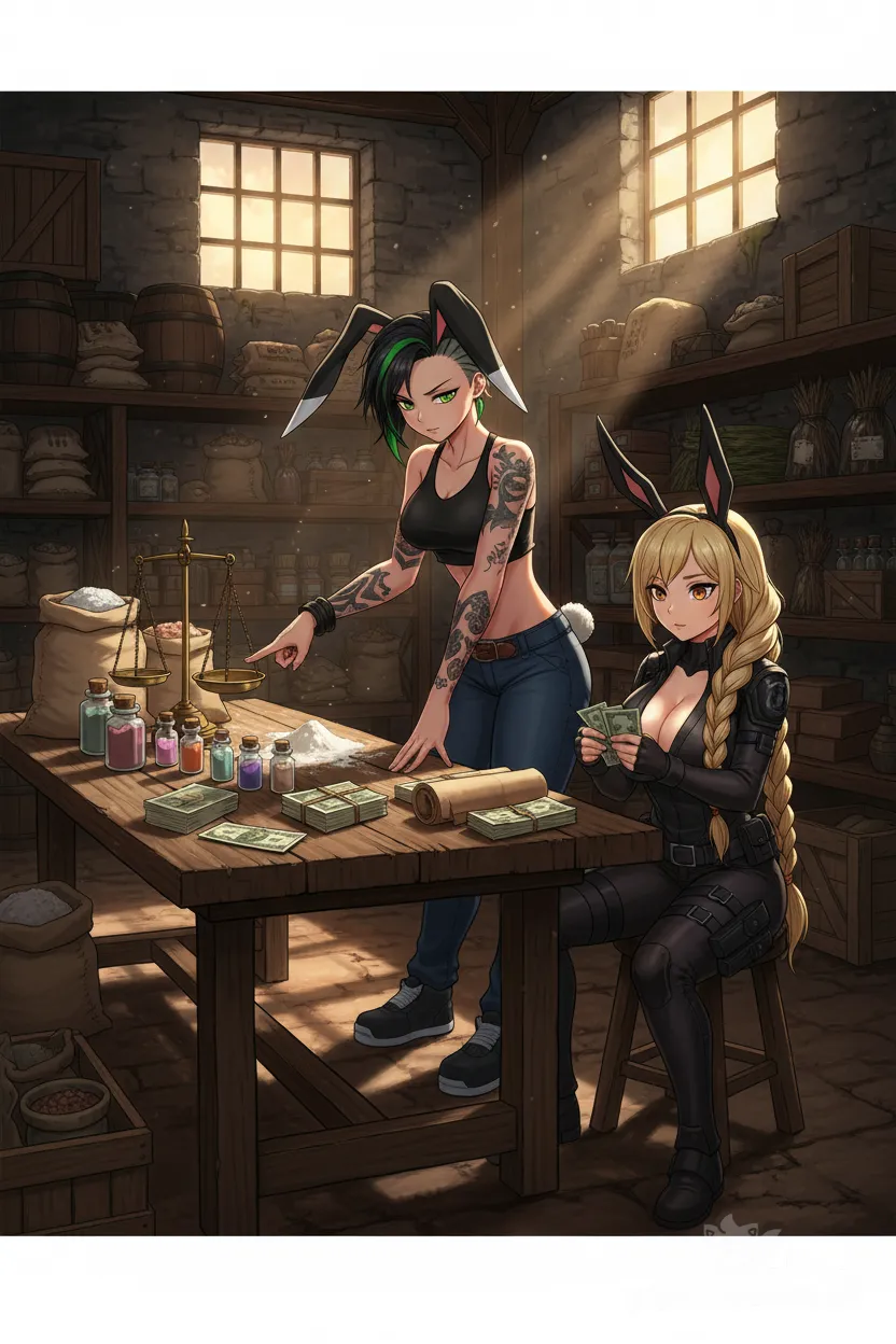 Late afternoon in the warehouse of a medieval farm. <MissyMink-86gb>, stands behind a wooden table and points to it while counting. On the table are leftover flour, a scale, packaging material, small glass bottles, and bundles of banknotes. next to her, a smaller women with blonde hair braided and bunny ears is counting banknotes with her amber eyes while wearing dark tactical clothing with a deep neckline and large bust