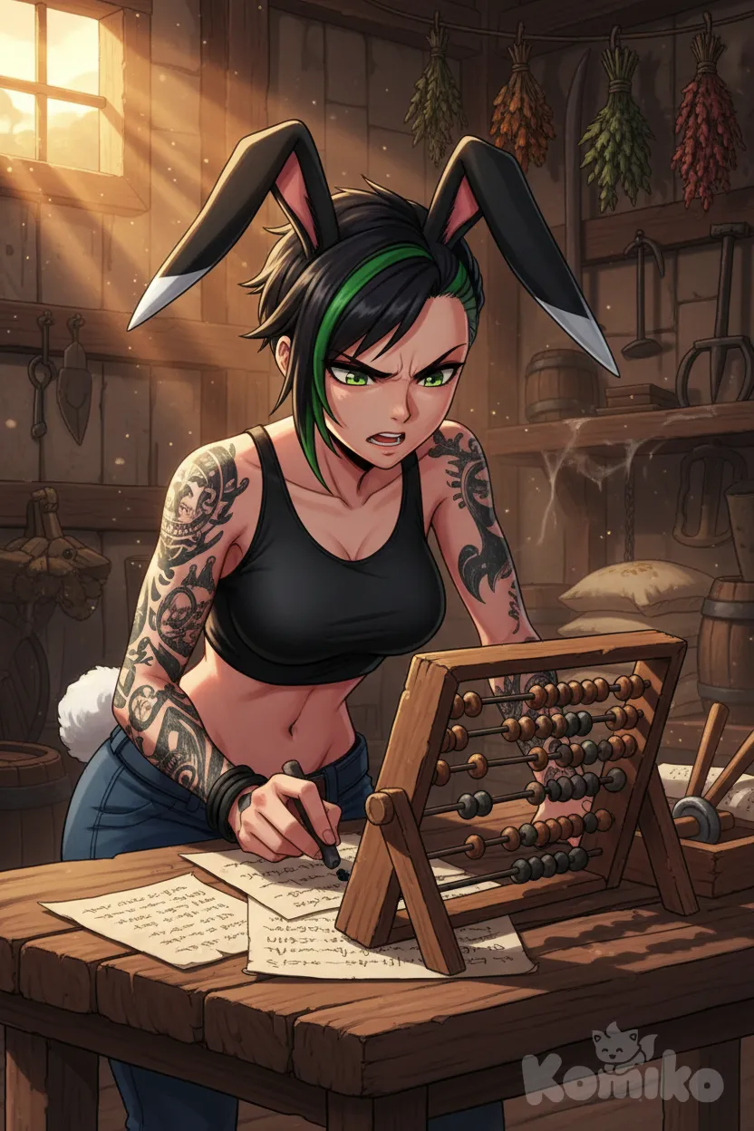 Late afternoon in the warehouse of a medieval farm.close-up on the face of <MissyMink-86gb>, correcting her wrong calculation