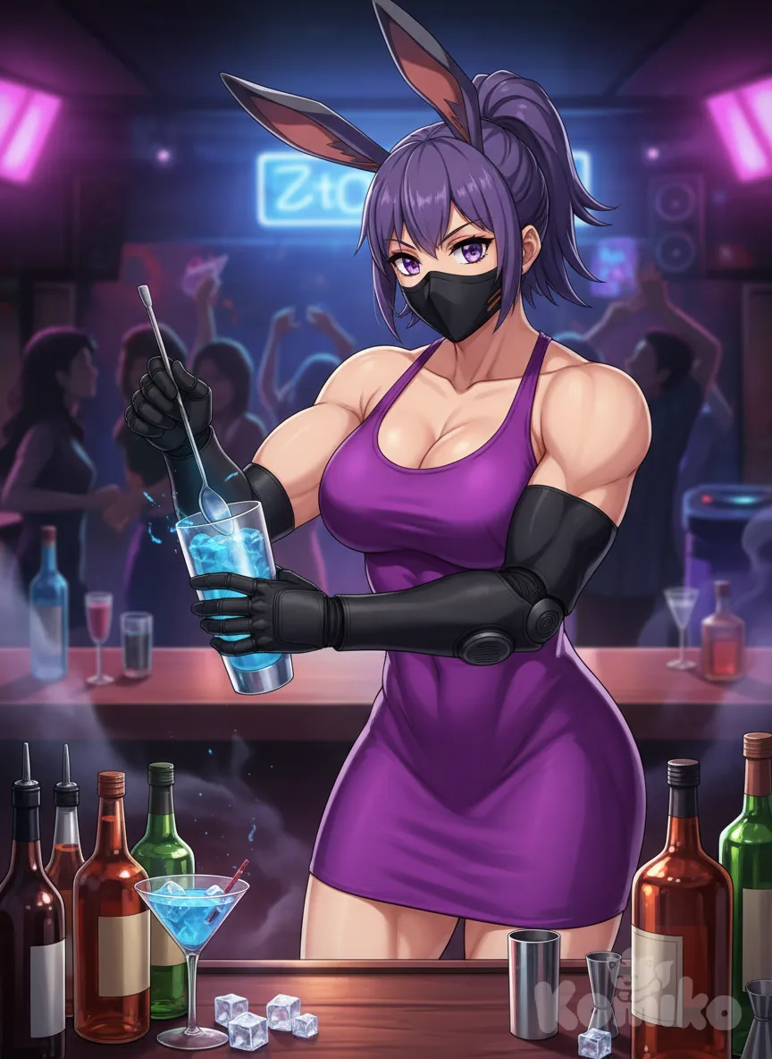 in a nightclub, behind the bar stands <stella-stumpf-ZxtZ> in a purple dress with a black mask covering nose and mouth and start mixing a cocktail with her prosthetic arm , anime style