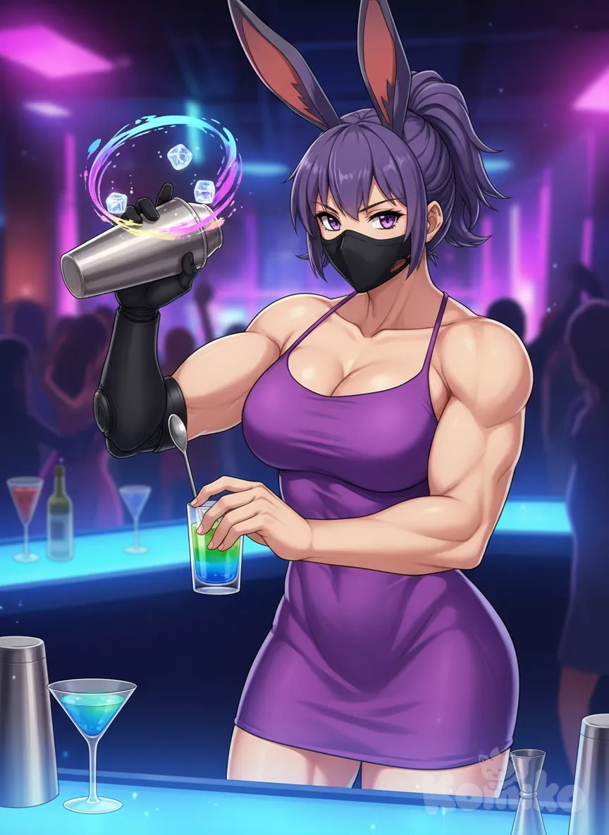 in a nightclub, behind the bar stands <stella-stumpf-ZxtZ> in a purple dress with a black mask covering nose and mouth and start mixing a cocktail with her prosthetic arm , anime style