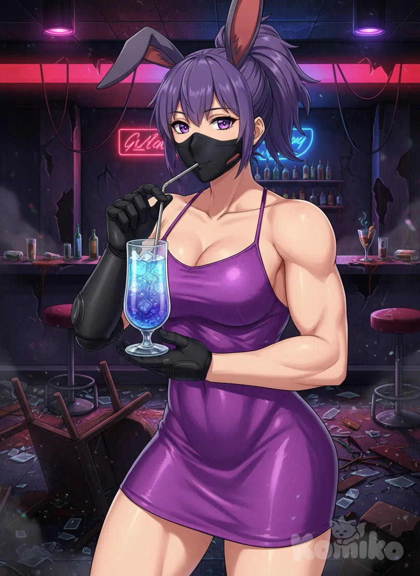 in a nightclub, close-up on the face of <stella-stumpf-ZxtZ> in a purple dress with a black mask covering nose and mouth enjoy her cocktail in her prothestic arm through a straw, a messy and destroyed bar can be seen in the background, anime style