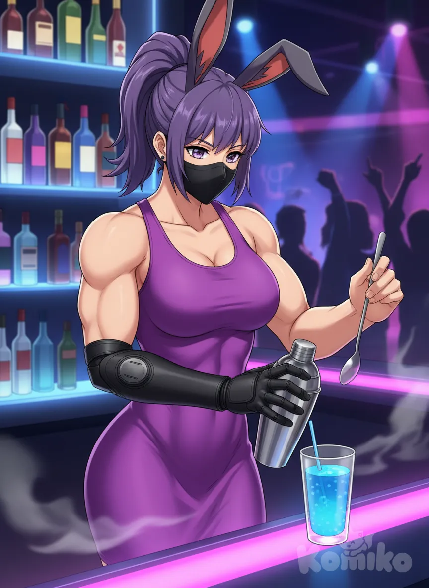 in a nightclub, behind the bar stands <stella-stumpf-ZxtZ> in a purple dress with a black mask covering nose and mouth and start mixing a cocktail with her prosthetic arm , anime style