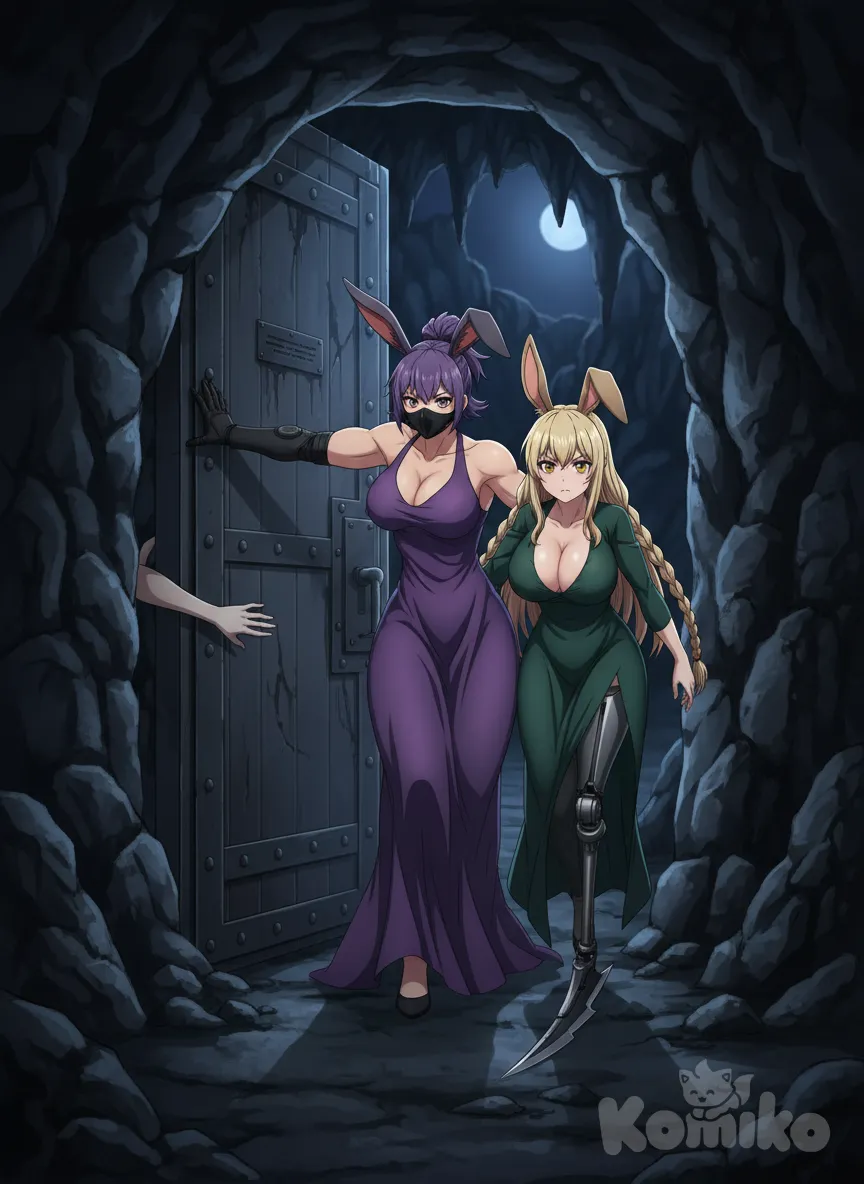 Anime scene at night inside a cave. front view on the metal door opened by <stella-stumpf-ZxtZ> from outside to come in and press it against the wall with her metal prosthetic arm. she is wearing a purple dress and a black mouthmask. an female arm looks out, wedged between the door and the wall. next to her, a smaller women with blonde braided hair, bunny ears, a large bust, annoyed amber eyes, wearing a dark green dress with a deep neckline and a leg prothesis ending in a sharp blade is following