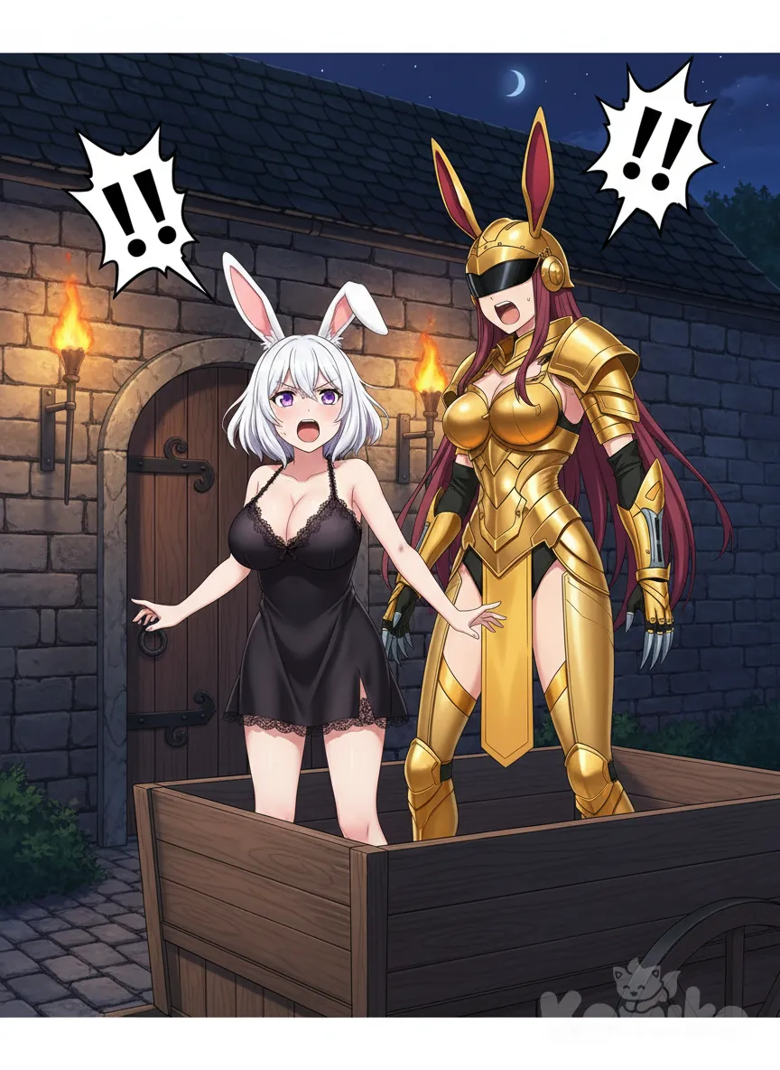 Anime-style, outside at night at the back entrance of a medieval hotel, close-up on the upper bodies of : a smaller woman with chin-length white hair, sparkling violet eyes, bunny ears and a large bust, wears a short black night gorn with necklines and stands on the carriage next to <stephanie-stummel-bdoT>. both women shout loud to the missing person , anime style