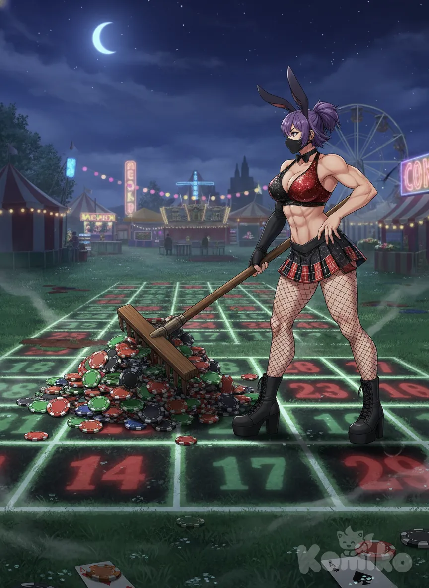 Anime style, late at night on A fairground, on a meadow shaped like a squared roulette-field-table,view from side on<stella-stumpf-ZxtZ> pushes oversized game chips together with a large wooden boon attached and mounted to her prosthetic arm. <stella-stumpf-ZxtZ> is dressed like a groupie of a casino. , anime style