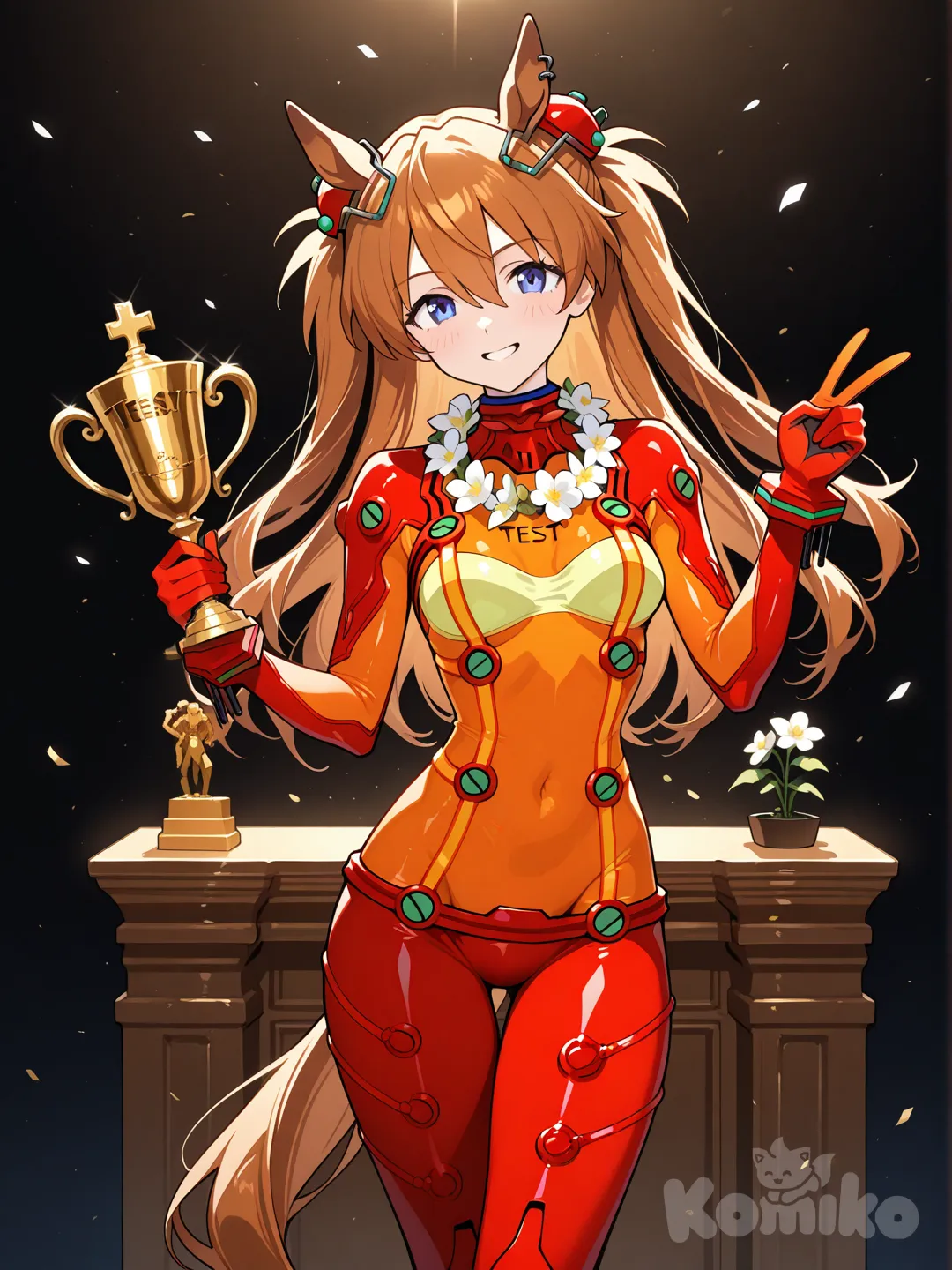 Souryuu Asuka Langley as an umamusume, test plugsuit (evangelion), horse girl, won race, flowers around neck, trophy, winner podium, smile