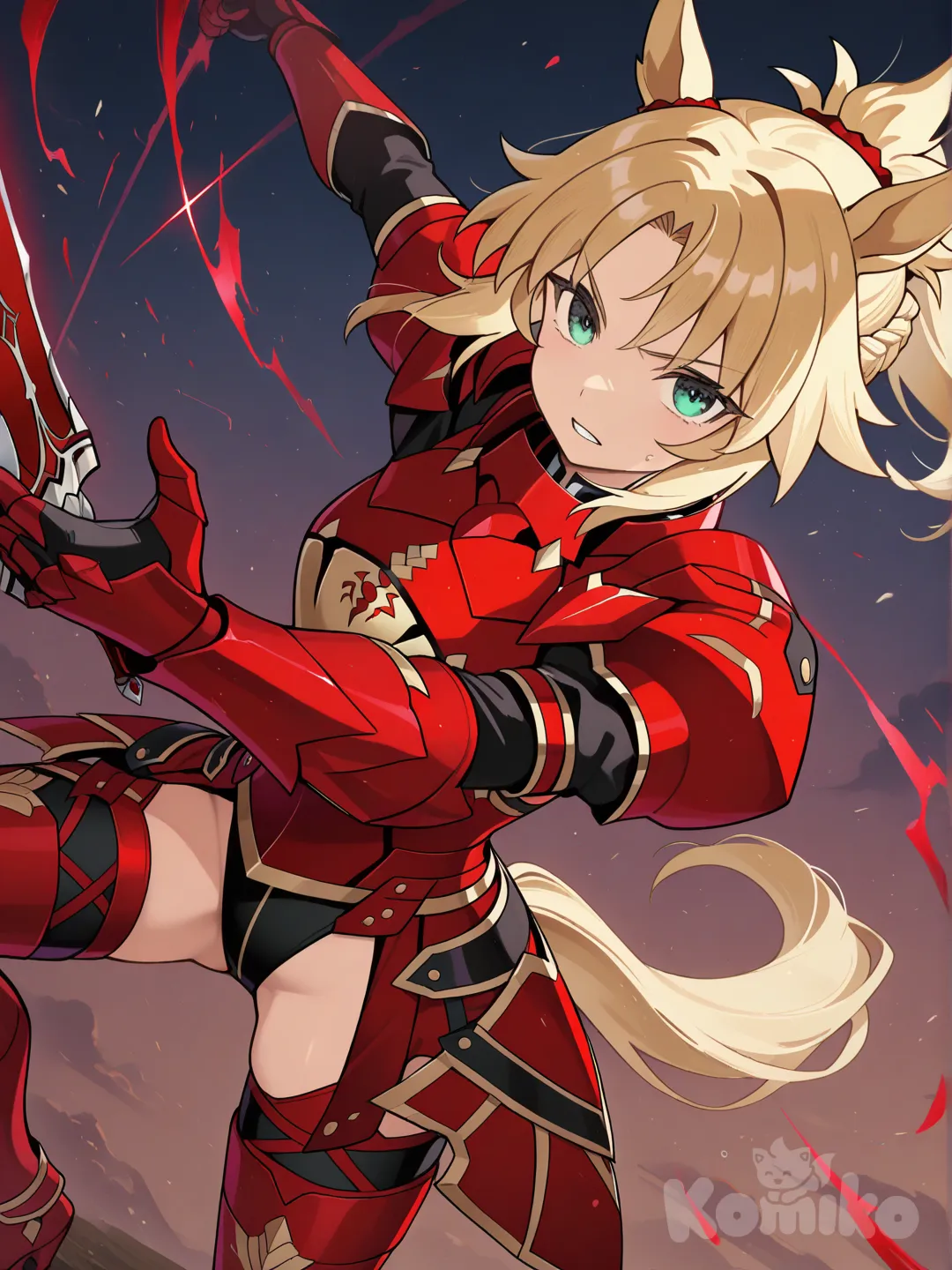 mordred (fate) as an umamusume, horse girl, armored boots, armored gloves, armored leotard