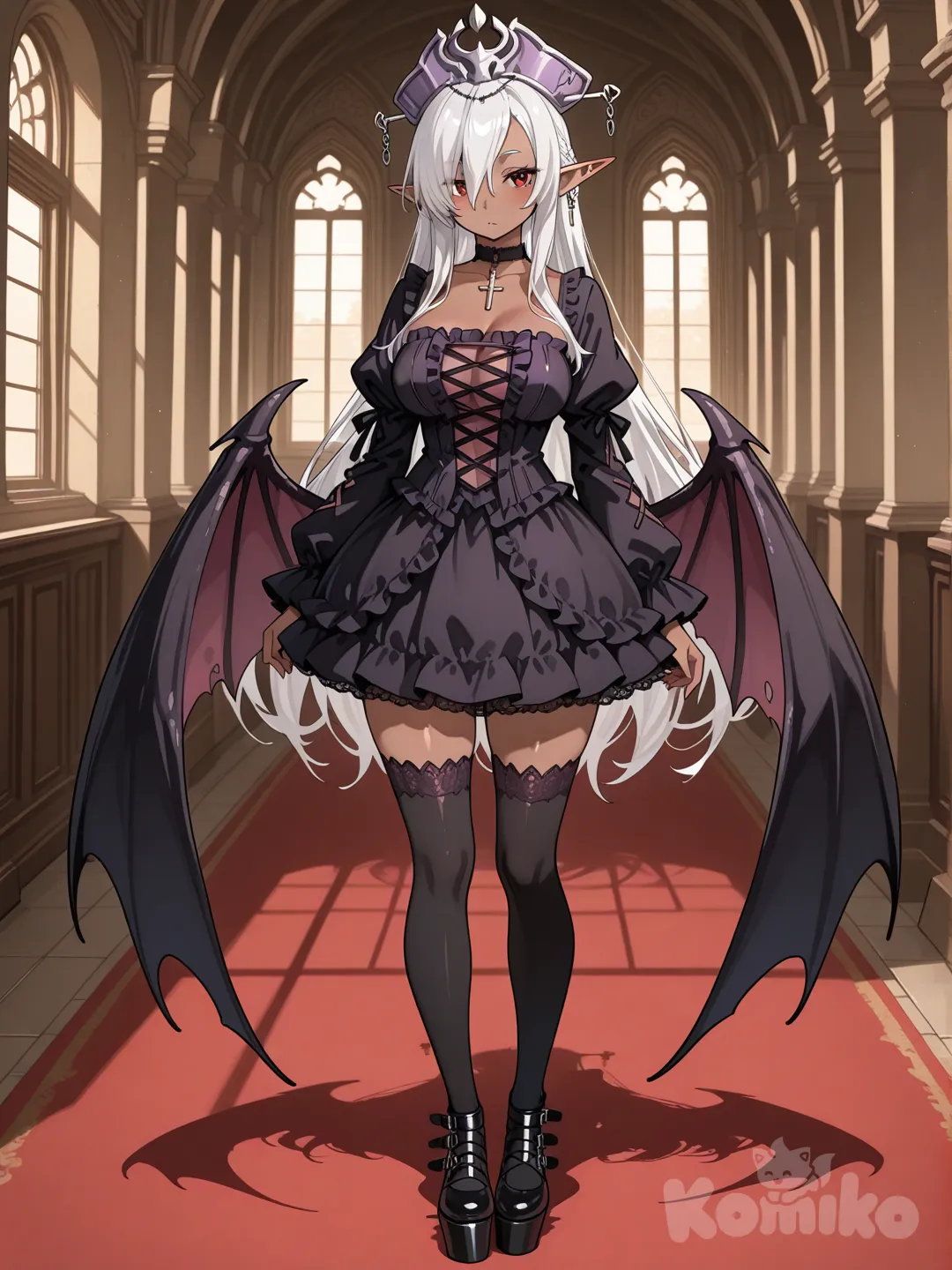 Olga Discordia as a goth college student, gothic lolita, dark elf, dark-skinned female