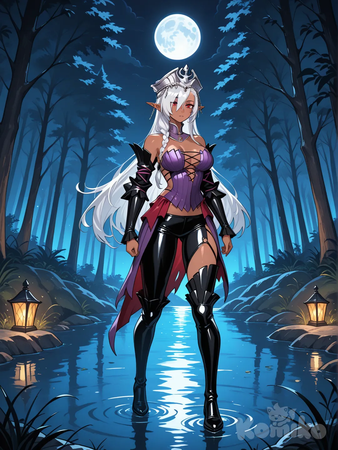 Olga discordia as a priestess of Eilistraee,priestess, dungeons & dragons, dark-skinned female, drow, full body, full moon, sfw, leather pants, forest pound, braid