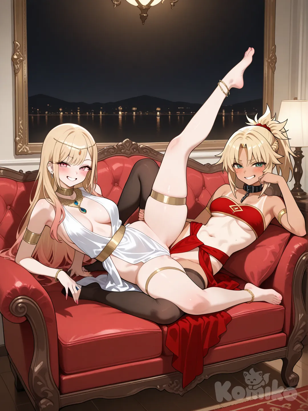 mordred (fate)and marin kitagawa, super revealing greco-roman clothes, barefoot, bare shoulders, navel, no panties, armlet, thighlet, anklet, jewelry, relaxed flirty smile, looking at viewer, one-piece tan, tan lines, posing for photographer, on fancy red couch, elbow on bed, laying on her side, gold ring on head, leg out straight, full body, fancy living room, slave girl, nsfw, each with a stocking on one leg, tribadism