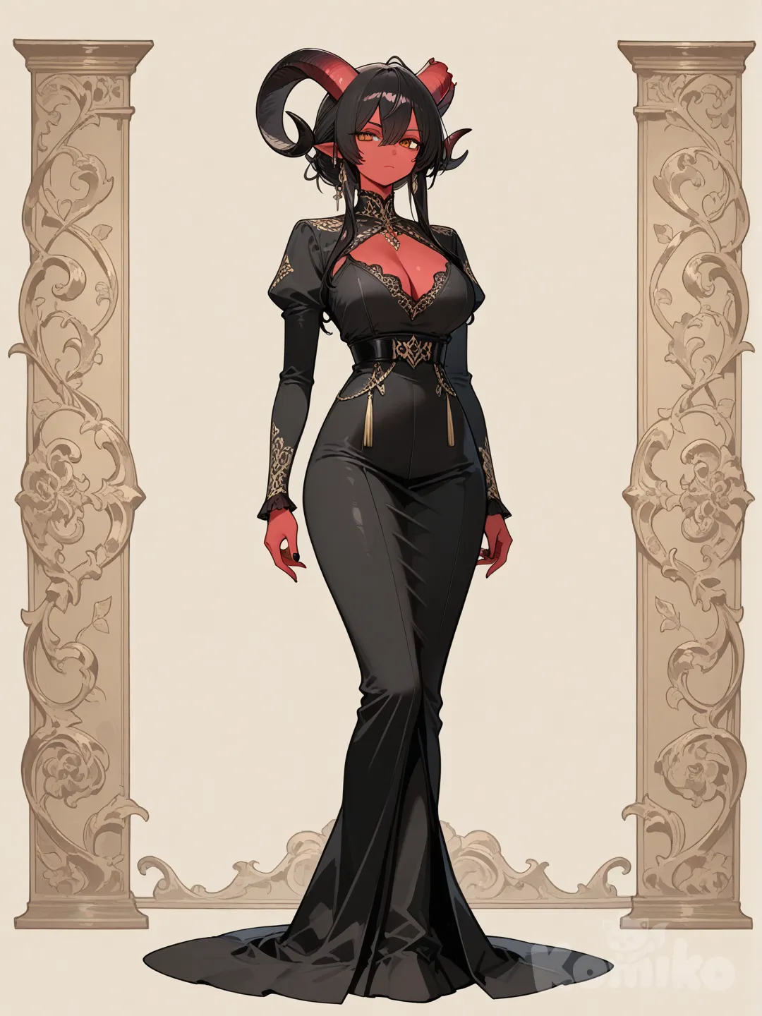 1girl, tall female, demon girl, red skin, one broken horn, goat horns, serious, elegant, long dress