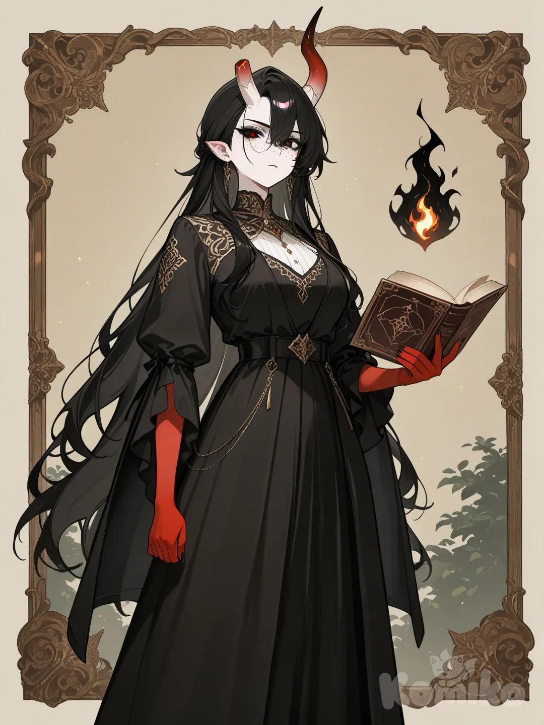 1girl, tall female, esbelta, demon girl, light red skin, one broken horn, goat horns, serious, long black hair, black freckles, elegant, long dress, holding book, black fire