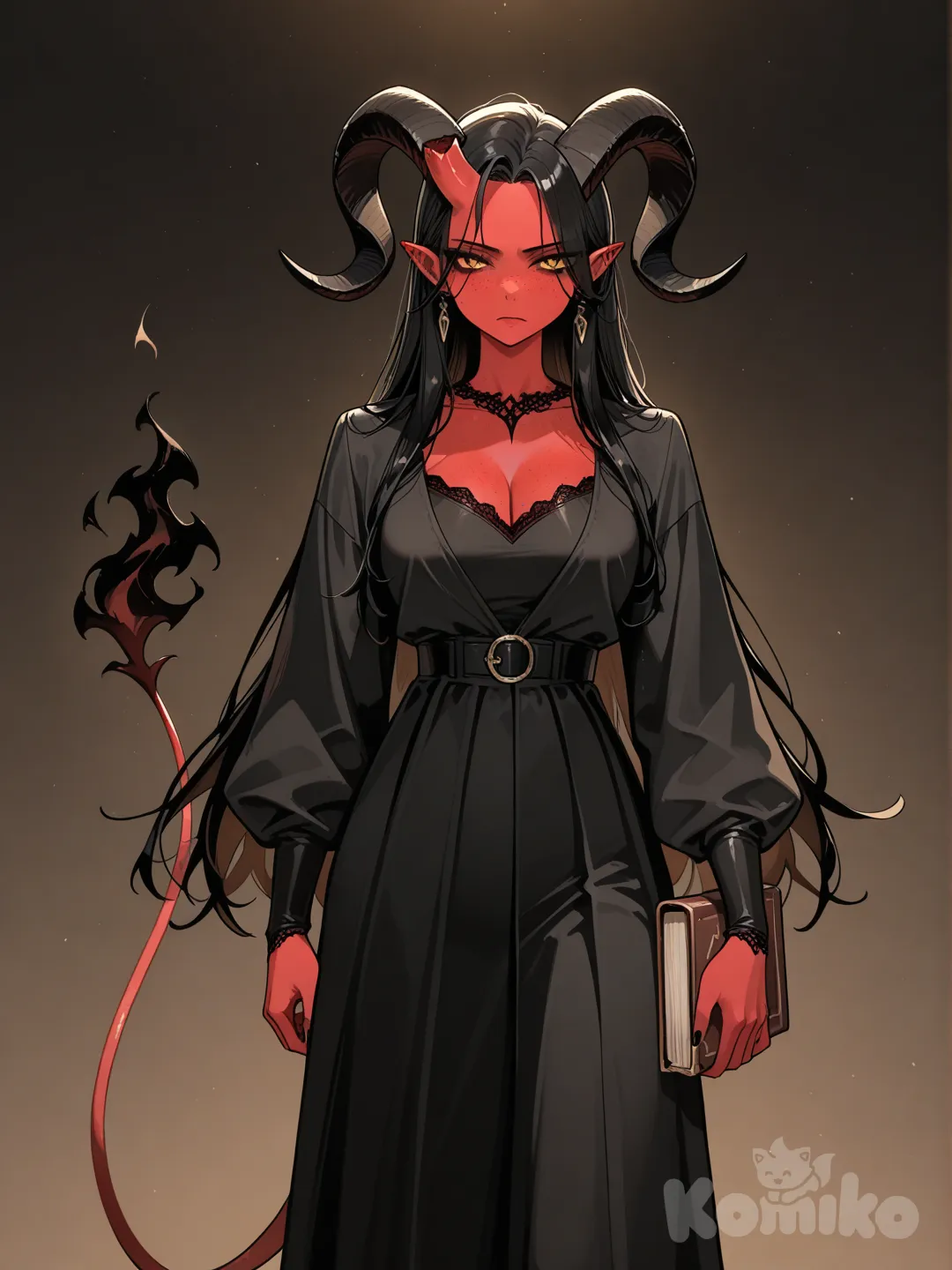 1girl, tall female, esbelta, demon girl, red skin, one broken horn, goat horns, cuernos de carnero, serious, long black hair, black freckles, elegant, long dress, holding book, black fire