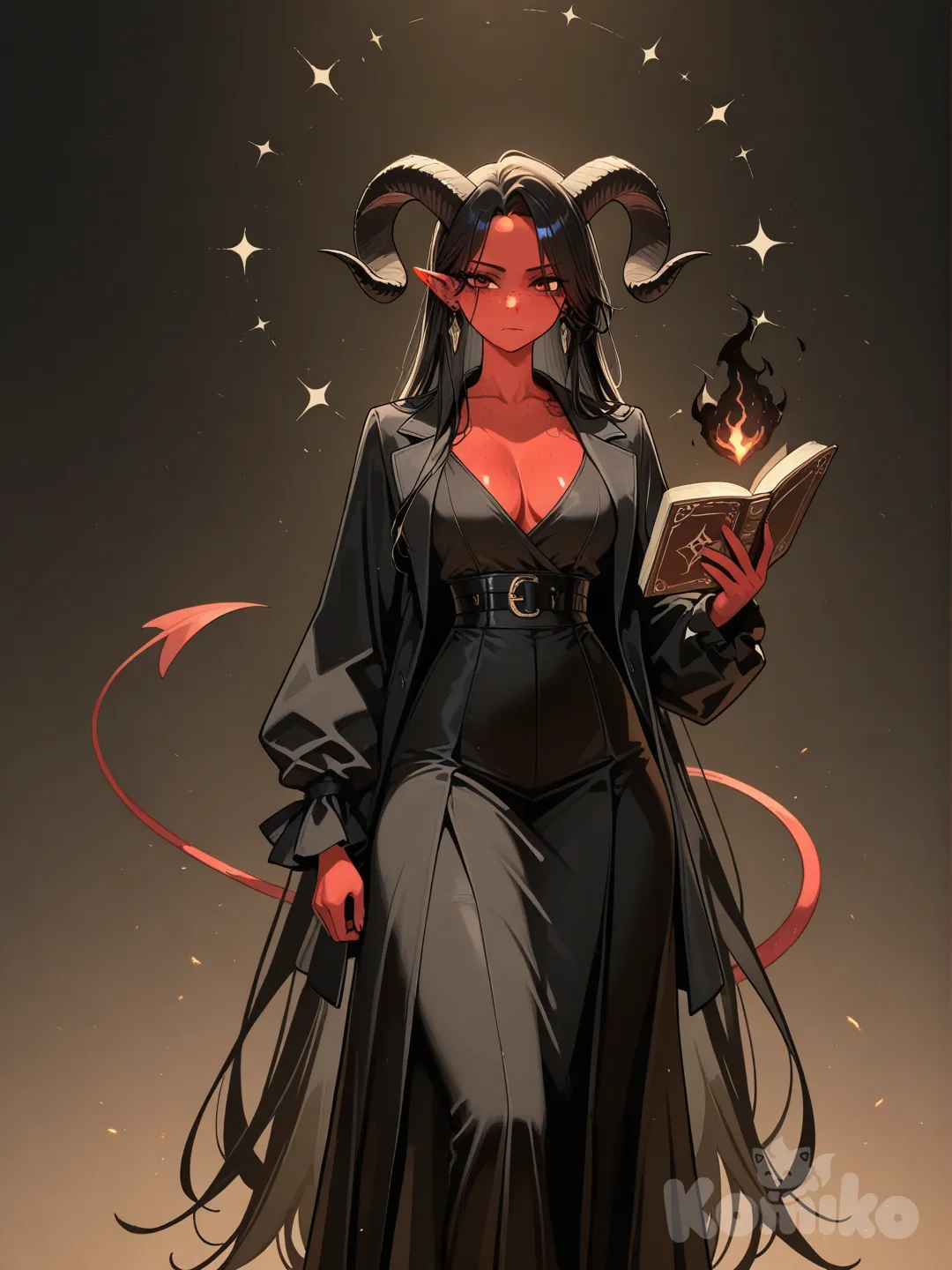 1girl, tall female, esbelta, demon girl, red skin, one broken horn, goat horns, cuernos de carnero, serious, long black hair, black freckles, elegant, long dress, holding book, black fire