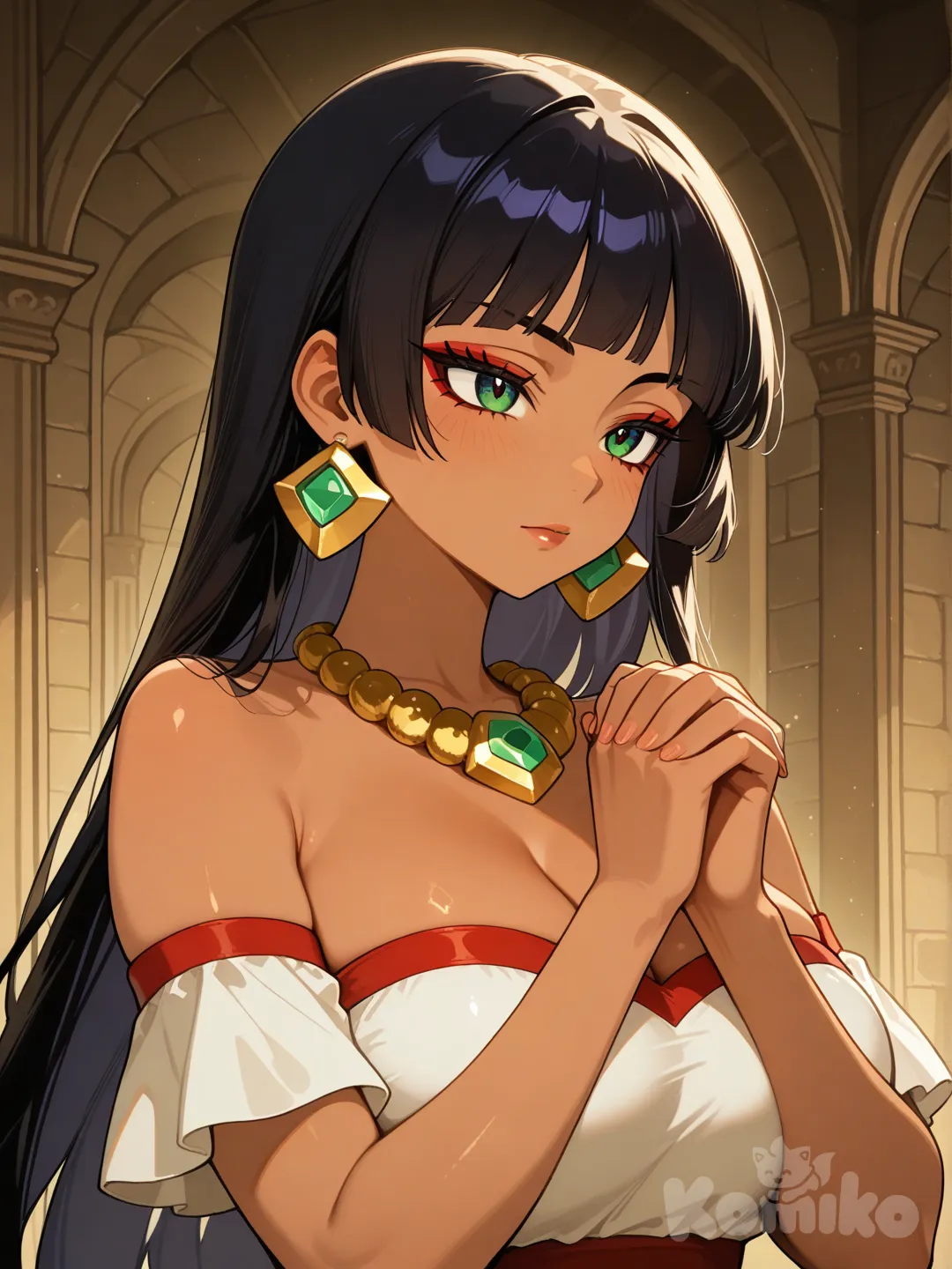 1girl, chel morena, el dorado, ojos verdes, praying, prayer beads