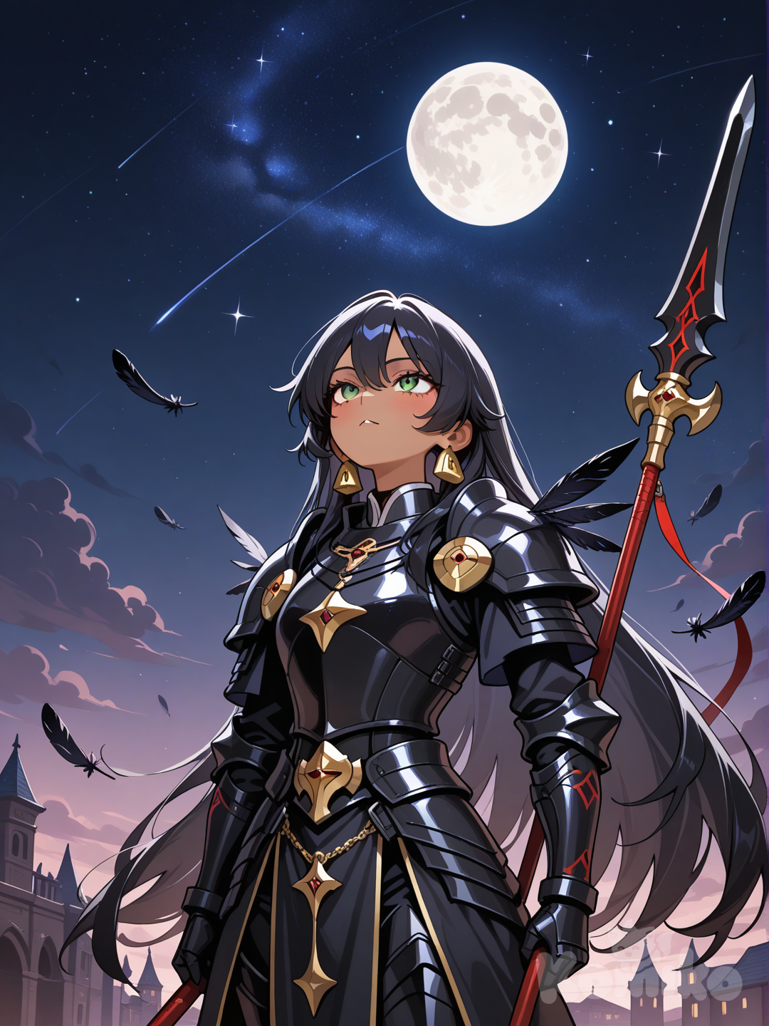 1girl, morena, el dorado, ojos verdes, slim, athletic, very long hair, black hair, remilia scarlet, warrior, cleric, black armor, spear, raven feathers, night, full moon, stars, looking at sky