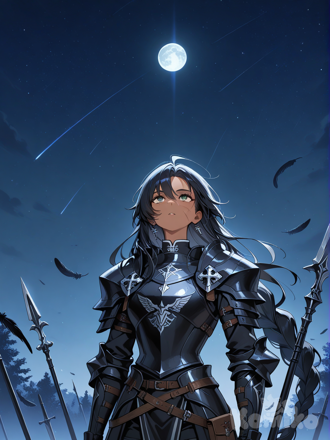 1girl, morena, ojos verdes, slim, athletic, very long hair, black hair, braids, scar on face, warrior, cleric, black armor, spear, raven feathers, night, full moon, stars, looking at sky