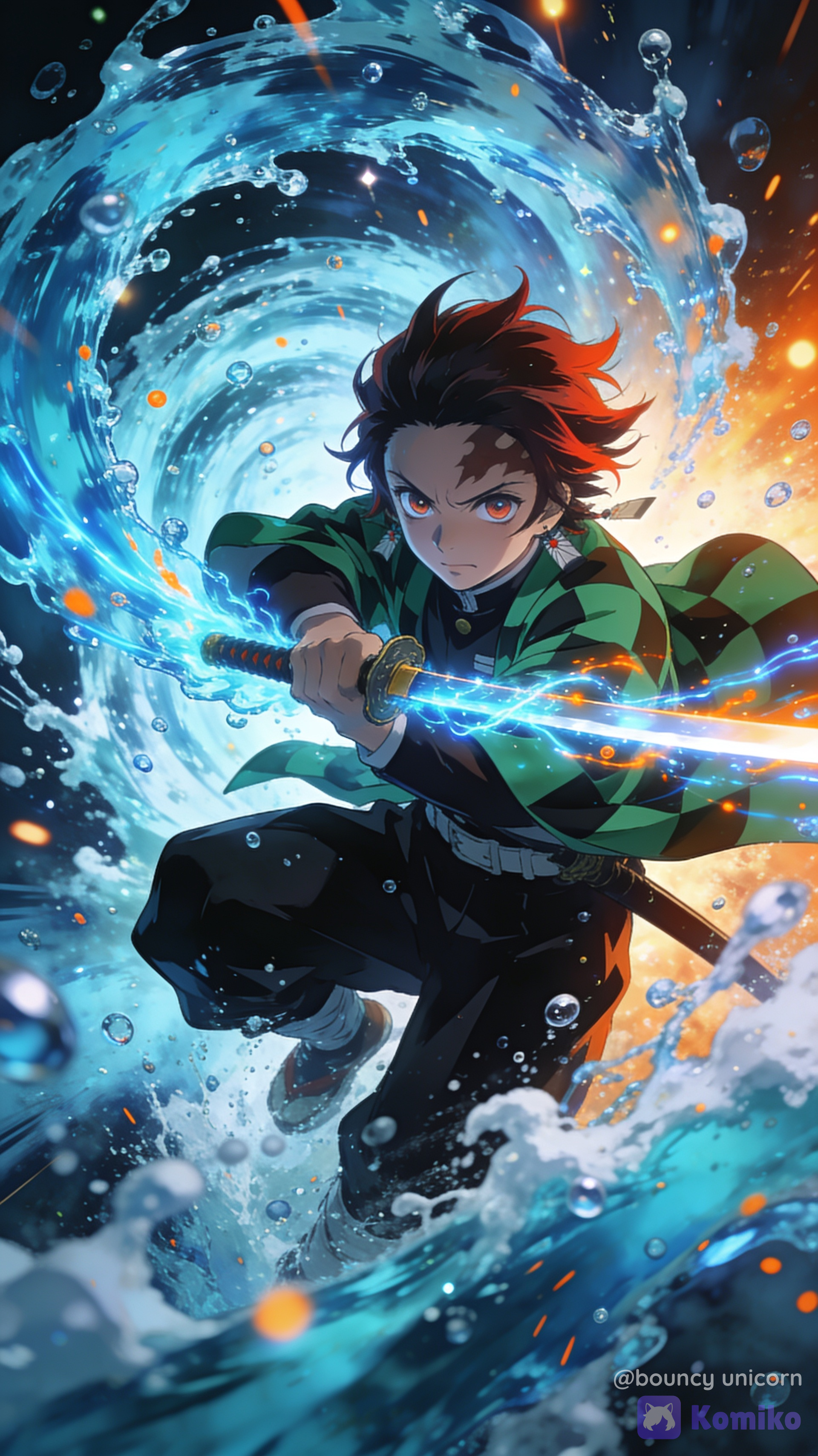 Create an ultra-cinematic anime illustration of a young swordsman inspired by a water-breathing warrior (original character, not an exact copy), captured in a dynamic mid-attack pose. Massive crystal-clear water streams explode and spiral around the character, forming powerful flowing arcs with thousands of splashes, droplets, bubbles, and foam. The katana slices through the water, leaving glowing blue energy trails with subtle orange highlights. The character has determined eyes, windswept dark brown hair with reddish tips, a green-and-black patterned haori over a dark uniform, dramatic action pose, and intense facial expression. Low-angle perspective, close-up composition, with the water surrounding the camera for an immersive effect. Background filled with dramatic lighting, glowing particles, motion blur, volumetric light rays, sparkling reflections, cinematic depth of field, high contrast, vibrant blue and cyan color palette with warm orange highlights, premium anime movie quality, hand-painted textures, ultra-sharp details, 8K, HDR, dynamic composition, unreal level of detail, trending on ArtStation, anime key visual, vertical wallpaper, 9:16 aspect ratio.