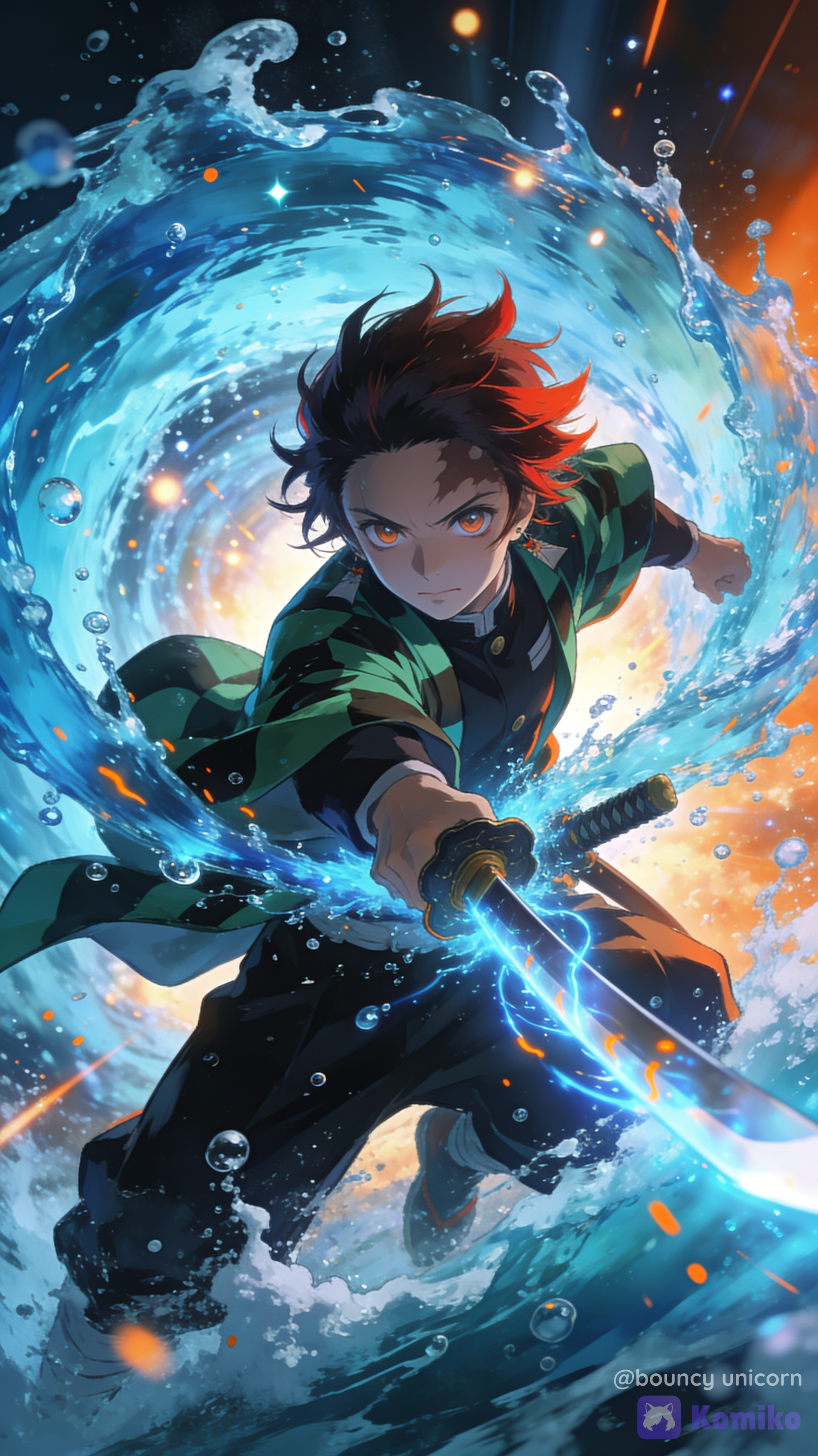 Create an ultra-cinematic anime illustration of a young swordsman inspired by a water-breathing warrior (original character, not an exact copy), captured in a dynamic mid-attack pose. Massive crystal-clear water streams explode and spiral around the character, forming powerful flowing arcs with thousands of splashes, droplets, bubbles, and foam. The katana slices through the water, leaving glowing blue energy trails with subtle orange highlights. The character has determined eyes, windswept dark brown hair with reddish tips, a green-and-black patterned haori over a dark uniform, dramatic action pose, and intense facial expression. Low-angle perspective, close-up composition, with the water surrounding the camera for an immersive effect. Background filled with dramatic lighting, glowing particles, motion blur, volumetric light rays, sparkling reflections, cinematic depth of field, high contrast, vibrant blue and cyan color palette with warm orange highlights, premium anime movie quality, hand-painted textures, ultra-sharp details, 8K, HDR, dynamic composition, unreal level of detail, trending on ArtStation, anime key visual, vertical wallpaper, 9:16 aspect ratio.