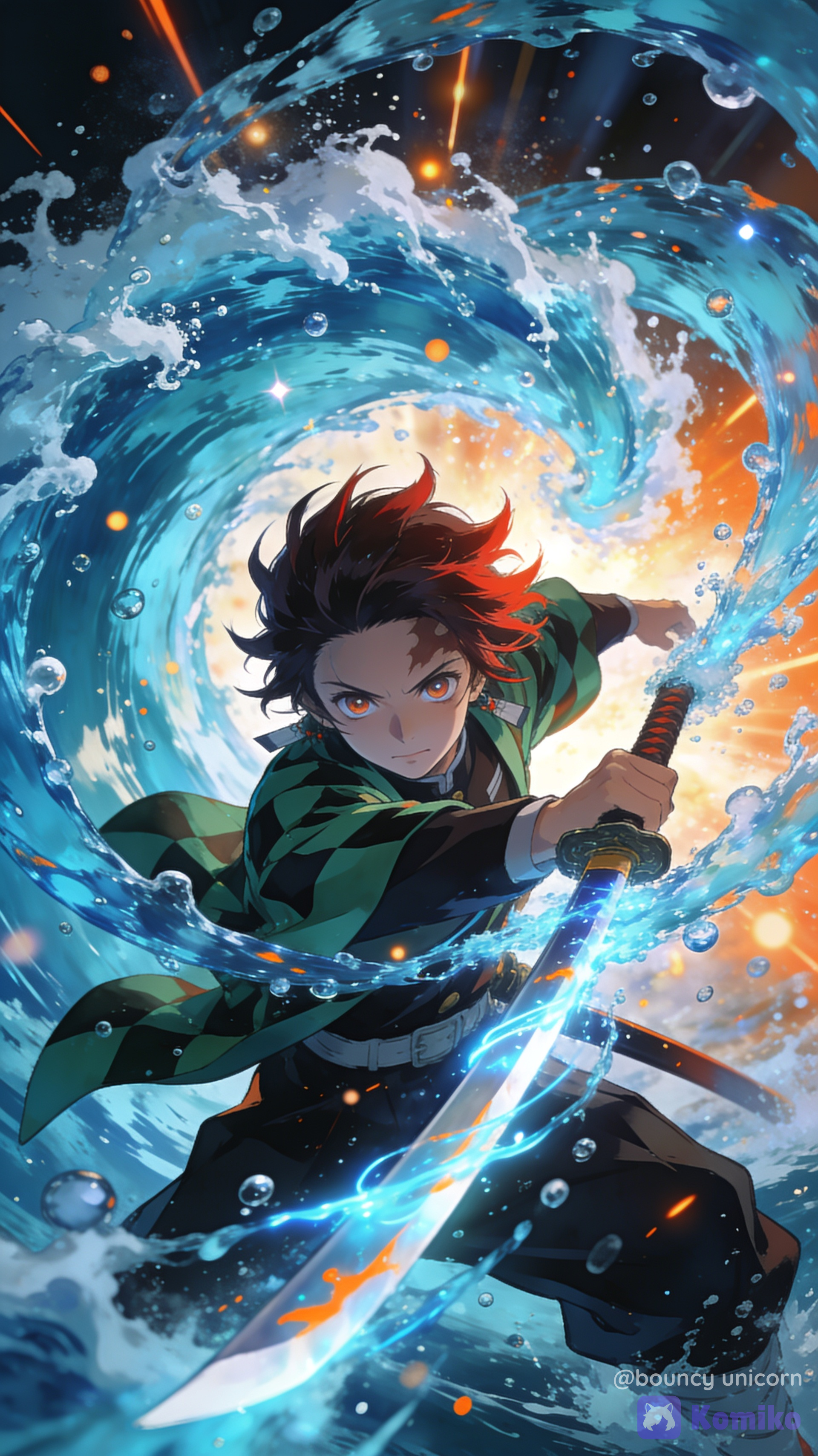 Create an ultra-cinematic anime illustration of a young swordsman inspired by a water-breathing warrior (original character, not an exact copy), captured in a dynamic mid-attack pose. Massive crystal-clear water streams explode and spiral around the character, forming powerful flowing arcs with thousands of splashes, droplets, bubbles, and foam. The katana slices through the water, leaving glowing blue energy trails with subtle orange highlights. The character has determined eyes, windswept dark brown hair with reddish tips, a green-and-black patterned haori over a dark uniform, dramatic action pose, and intense facial expression. Low-angle perspective, close-up composition, with the water surrounding the camera for an immersive effect. Background filled with dramatic lighting, glowing particles, motion blur, volumetric light rays, sparkling reflections, cinematic depth of field, high contrast, vibrant blue and cyan color palette with warm orange highlights, premium anime movie quality, hand-painted textures, ultra-sharp details, 8K, HDR, dynamic composition, unreal level of detail, trending on ArtStation, anime key visual, vertical wallpaper, 9:16 aspect ratio.