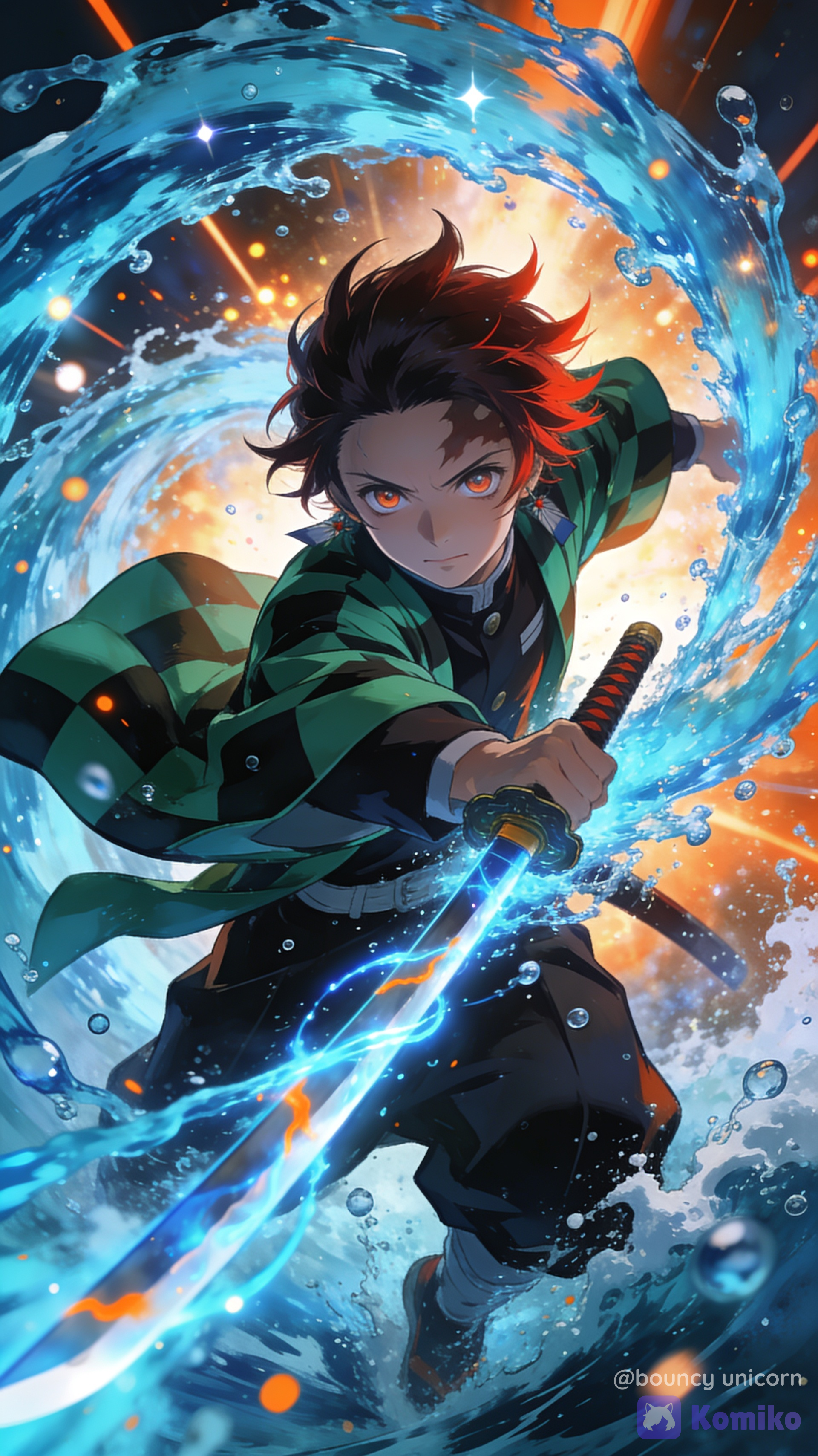 Create an ultra-cinematic anime illustration of a young swordsman inspired by a water-breathing warrior (original character, not an exact copy), captured in a dynamic mid-attack pose. Massive crystal-clear water streams explode and spiral around the character, forming powerful flowing arcs with thousands of splashes, droplets, bubbles, and foam. The katana slices through the water, leaving glowing blue energy trails with subtle orange highlights. The character has determined eyes, windswept dark brown hair with reddish tips, a green-and-black patterned haori over a dark uniform, dramatic action pose, and intense facial expression. Low-angle perspective, close-up composition, with the water surrounding the camera for an immersive effect. Background filled with dramatic lighting, glowing particles, motion blur, volumetric light rays, sparkling reflections, cinematic depth of field, high contrast, vibrant blue and cyan color palette with warm orange highlights, premium anime movie quality, hand-painted textures, ultra-sharp details, 8K, HDR, dynamic composition, unreal level of detail, trending on ArtStation, anime key visual, vertical wallpaper, 9:16 aspect ratio.
