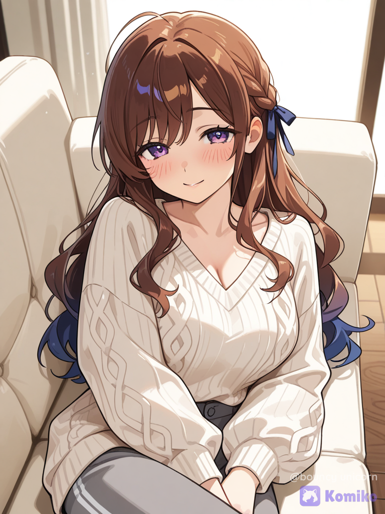 1girl, solo, mature female, long wavy brown hair, side braid, red and blue hair ribbon, purple eyes, gentle smile, slight blush, looking at viewer, oversized white cable knit v-neck sweater, grey sweatpants, white stripes on pants, lying on beige sofa, relaxing, cozy indoor, daytime, soft natural lighting, rim lighting, anime illustration, shading.