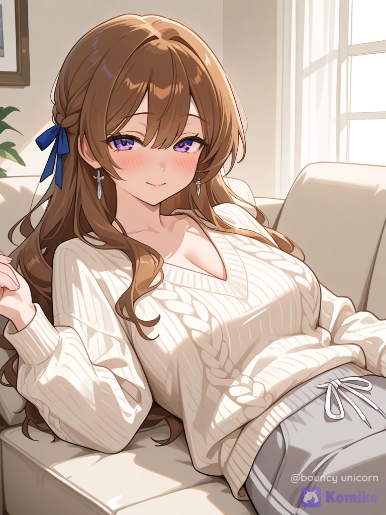​Anime style highly 1girl, beautiful mature woman, long wavy brown hair, small side braid with red and blue ribbon, purple eyes, gentle warm smile, subtle blush, looking directly at viewer. Wearing an oversized white cable-knit v-neck sweater, grey sweatpants with white side stripes. Reclining comfortably on a light beige sofa. Soft indoor natural daytime lighting, cozy atmosphere