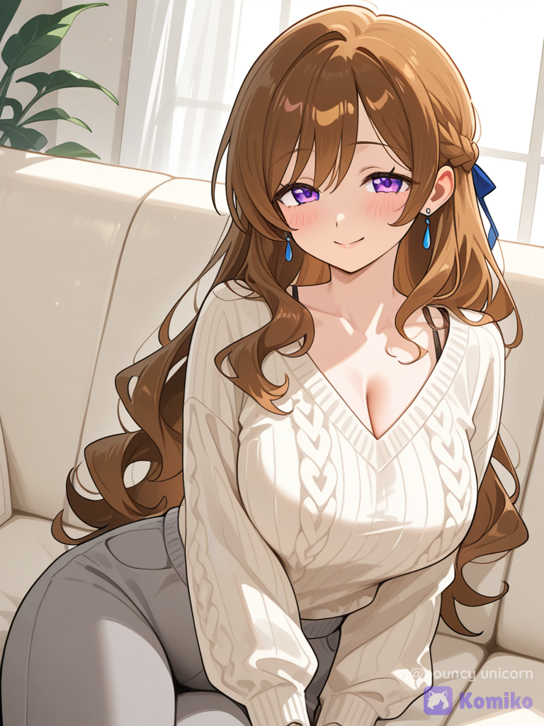 ​Anime style highly 1girl, beautiful mature woman, long wavy brown hair, small side braid with red and blue ribbon, purple eyes, gentle warm smile, subtle blush, looking directly at viewer. Wearing an oversized white cable-knit v-neck sweater, grey sweatpants with white side stripes. Reclining comfortably on a light beige sofa. Soft indoor natural daytime lighting, cozy atmosphere