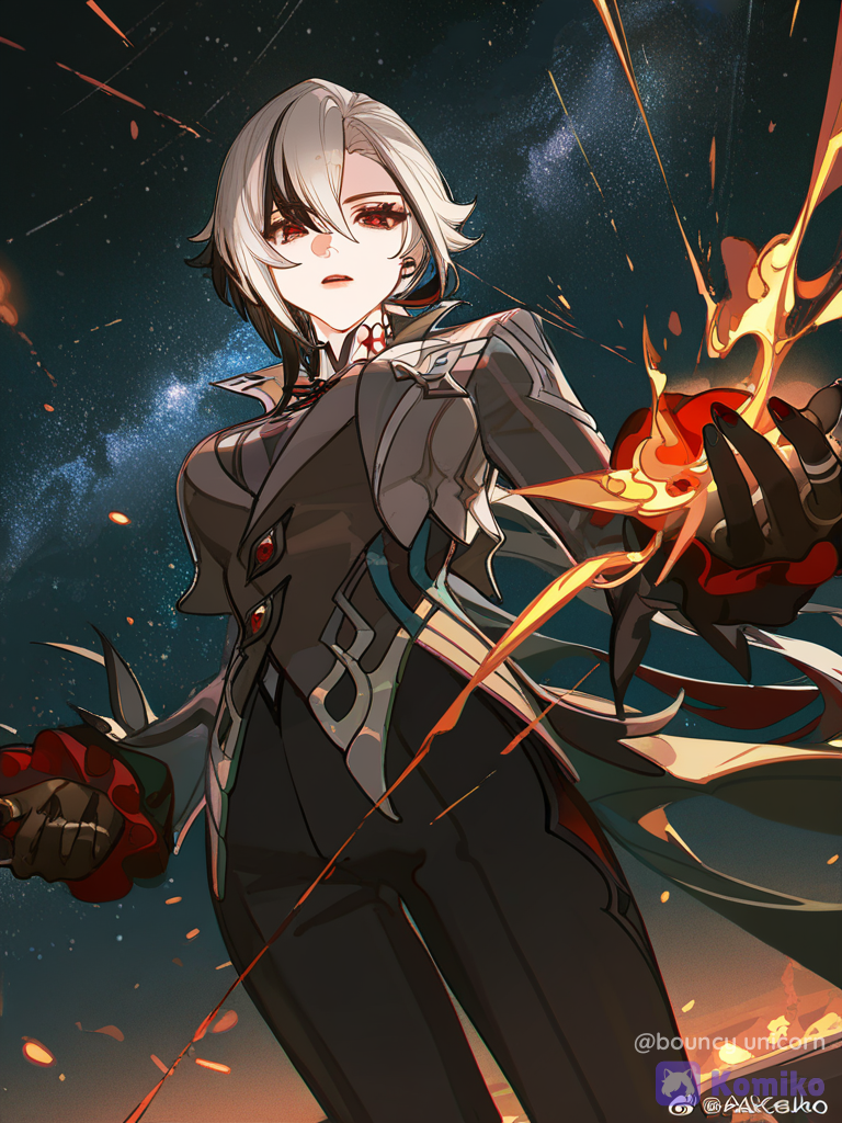 [dazzling-illustration-style], @Arlecchino_(Genshin_Impact), floating, ultra-wide shot, sky, firelight