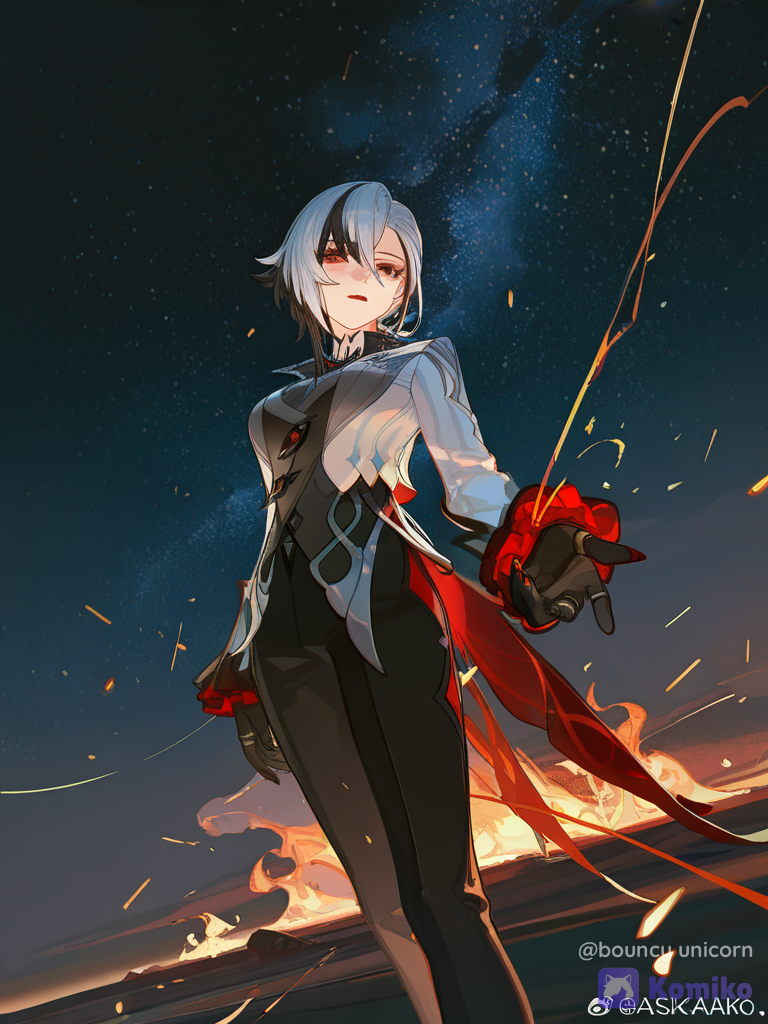 [dazzling-illustration-style], @Arlecchino_(Genshin_Impact), floating, ultra-wide shot, sky, firelight