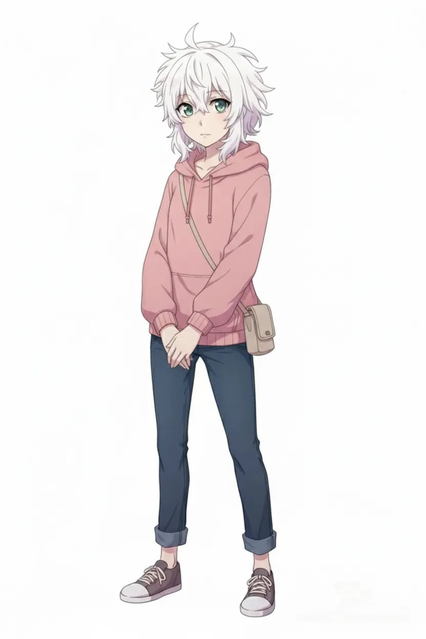 trainer (umamusume), 1girl, Umamusume, petite, short, scrawny, off-white fluffy hair, styled messily, hoodie, hood pulled down, jeans, small pouch, single character, full body, looking at viewer, anime style, simple background, white background, mature female