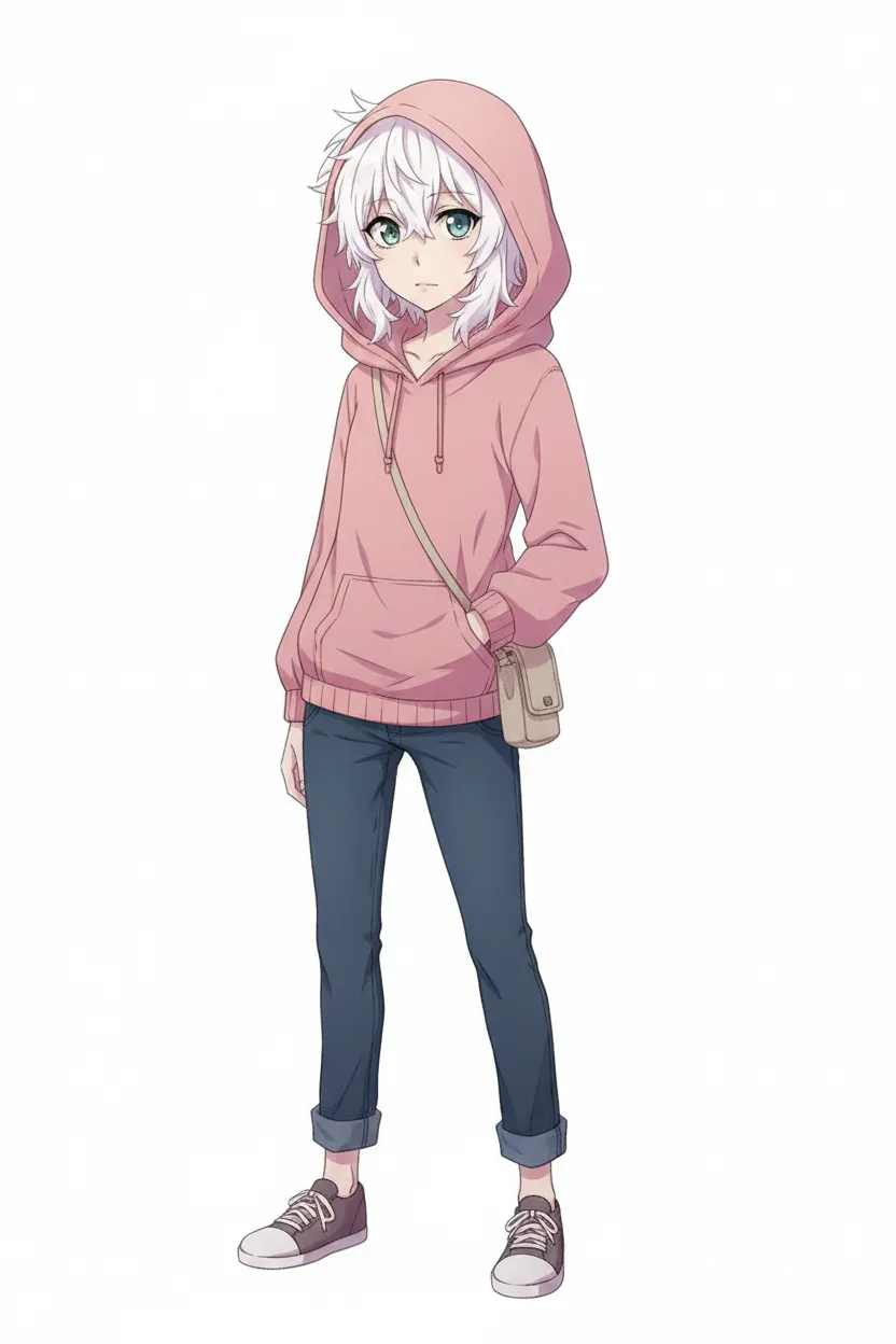 trainer (umamusume), 1girl, Umamusume, petite, short, scrawny, off-white fluffy hair, styled messily, hoodie, hood pulled up over head, jeans, small pouch, single character, full body, looking at viewer, anime style, simple background, white background, mature female