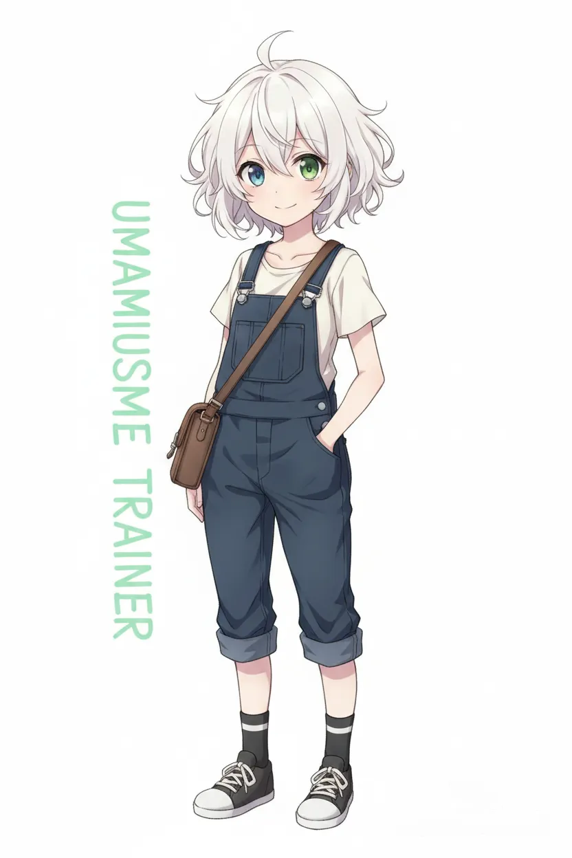trainer, umamusume, 1girl, Umamusume, petite, short, scrawny, off-white fluffy hair, styled messily, tshirt, overalls, small pouch, single character, full body, looking at viewer, anime style, simple background, white background, child female