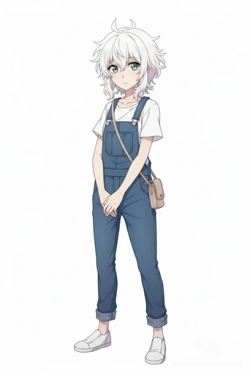 trainer, umamusume, 1girl, Umamusume, petite, short, scrawny, off-white fluffy hair, styled messily, tshirt, overalls, small pouch, single character, full body, looking at viewer, anime style, simple background, white background, child female