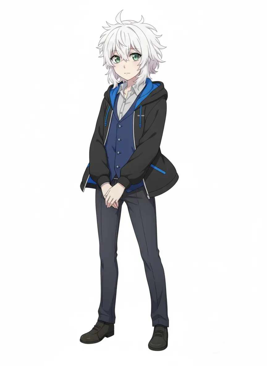 trainer (umamusume), a light gray collared shirt, deep blue formal vest, suit pants, a black, hooded jacket with a blue lining, partially open to reveal the Vest underneath.