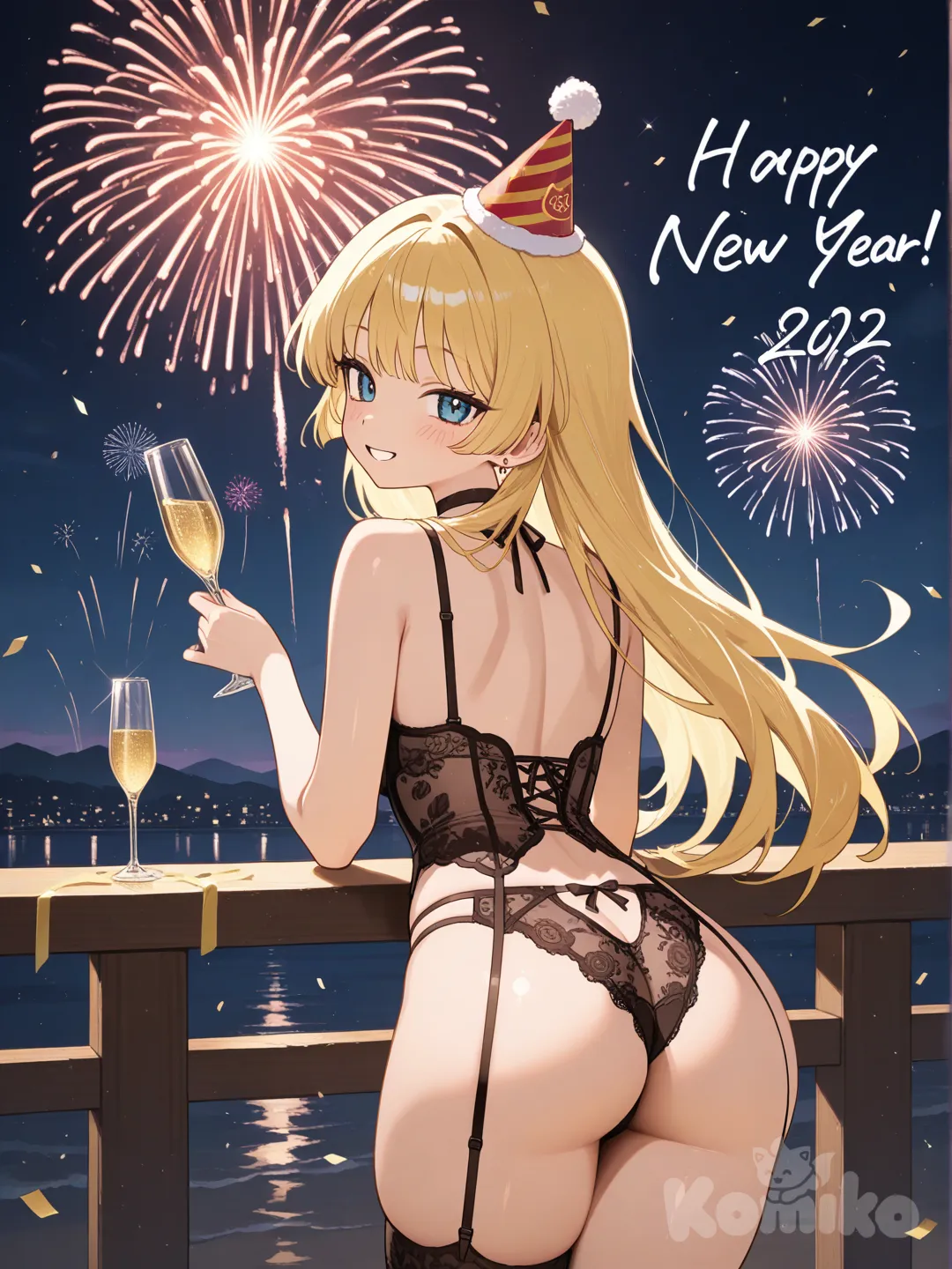 Ramma mujer She wears lingerie while celebrating New Year's.with their back to the viewer