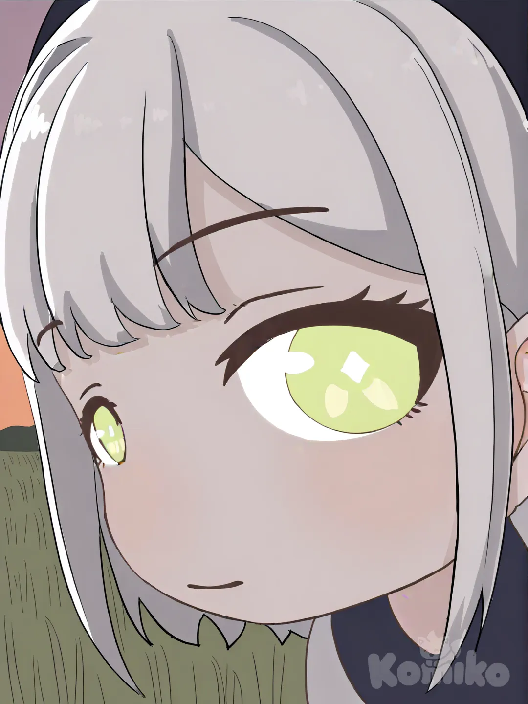 anime girl, solo, white hair, short hair with long sidelocks, green eyes, light green eyes with diamond-shaped pupils, glowing inner highlights, high saturation, anime style 1girl, punk smile, closeup, grassland, twilight, sparkle, upper body, [close-look-style]