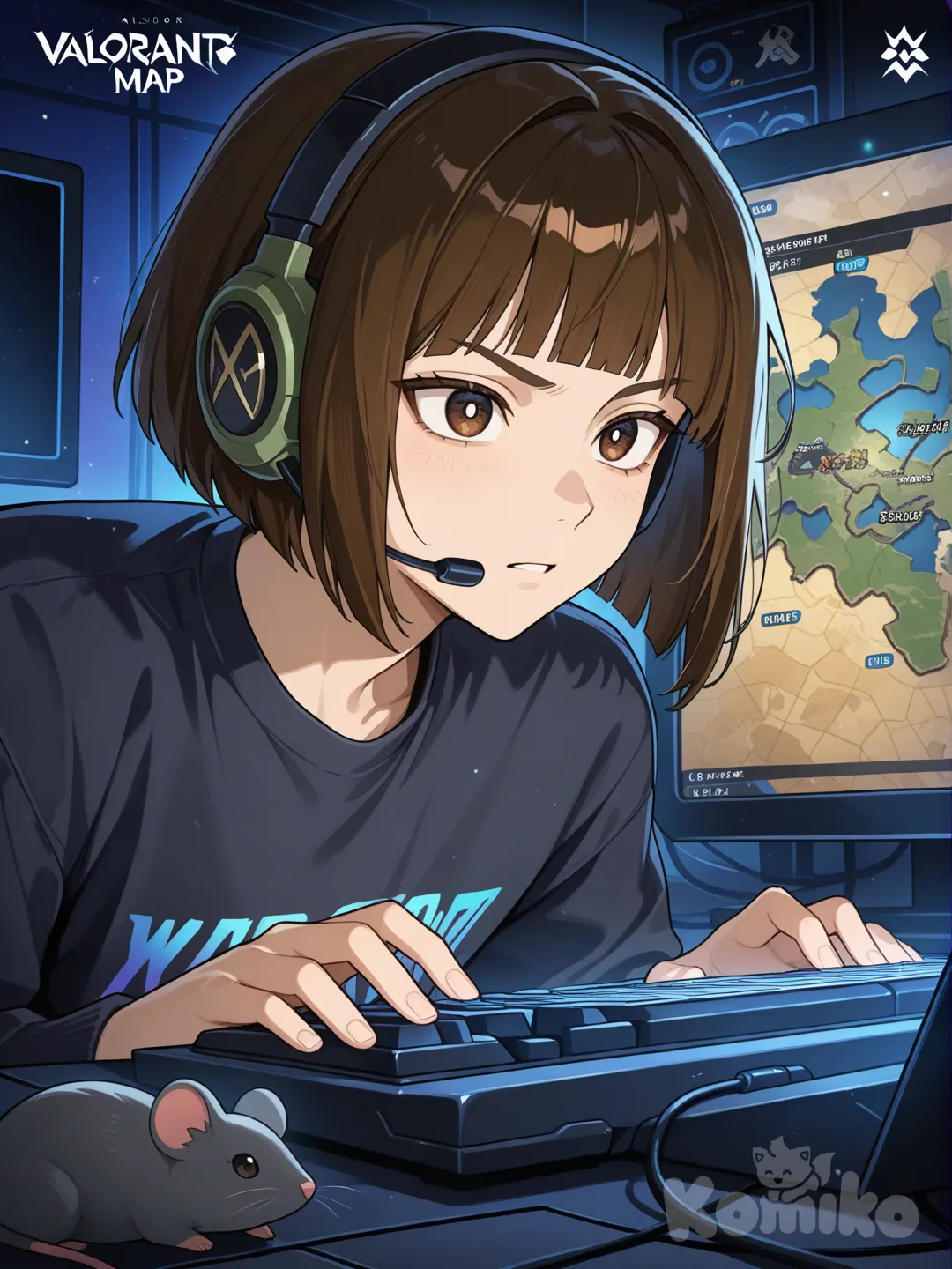 Prompt: anime style, portrait, male, short brown hair, bob cut, bangs, brown eyes, face. Make my character look like he's playing Valorant, with a background from the Valorant game