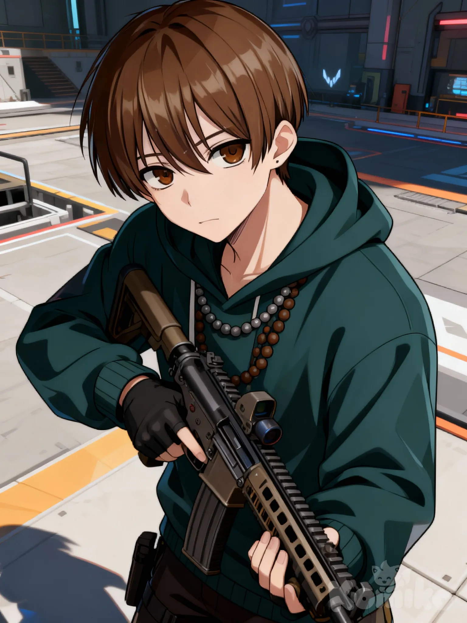 Prompt: anime style, portrait, male, short brown hair, bob cut, bangs, brown eyes, face. Make my character look like he's a character in a game with a vandal and add him somewhere on the map in the game so it's harmonious.