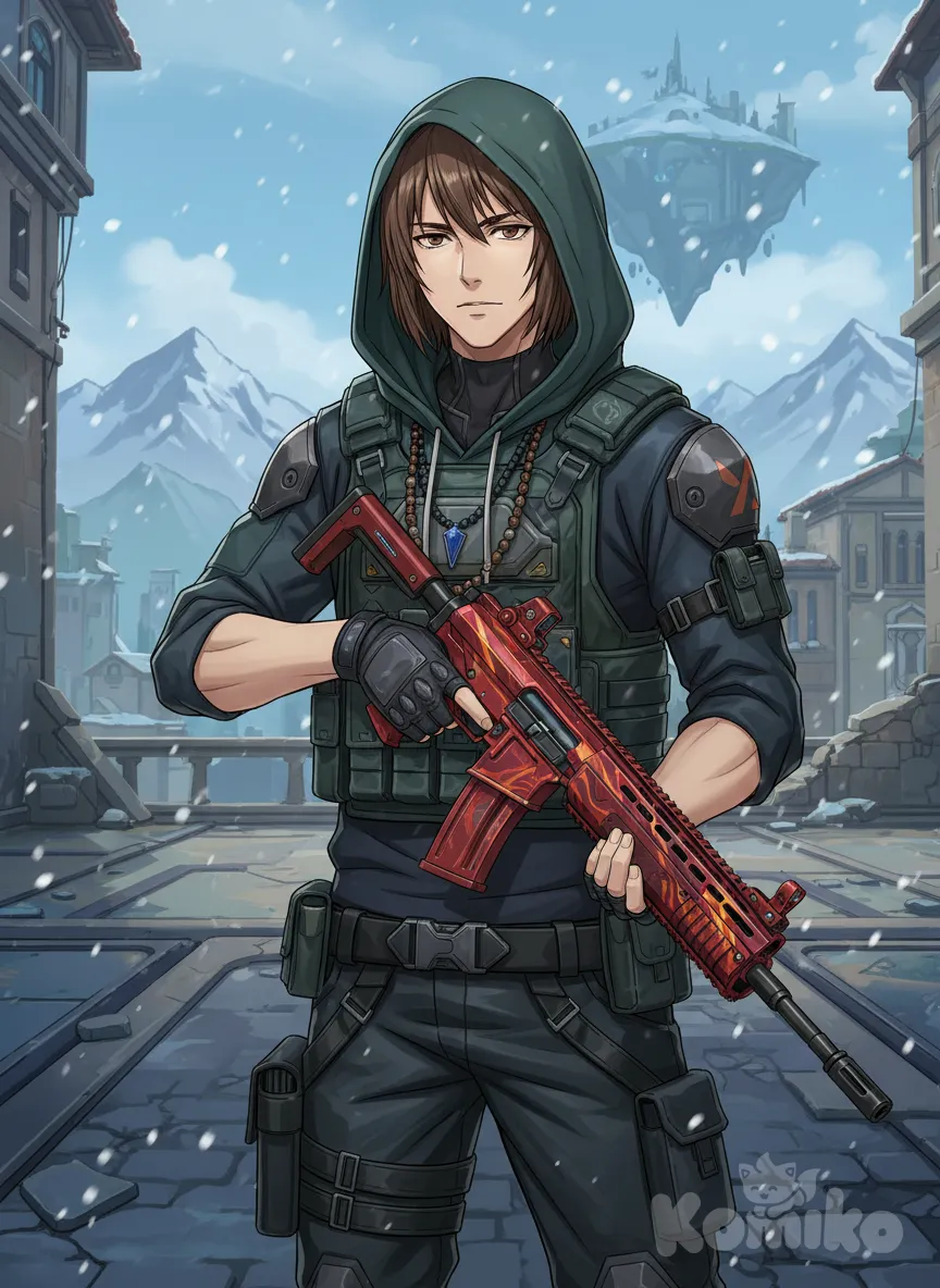 Prompt: anime style, portrait, male, short brown hair, bob cut, bangs, brown eyes, face. Make my character look like he's a character in a game with a vandal and add him somewhere on the map in the game so it's harmonious.