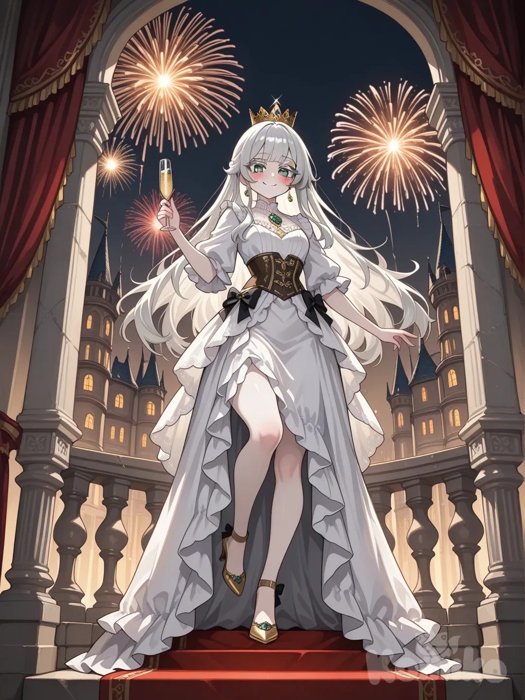 Elegant anime-style princess standing on a royal palace balcony at night, full body, low-angle heroic shot.
She wears a small golden crown with colorful gemstones, sapphire blue earrings, and a matching oval blue gemstone brooch on her chest.
Her facial features are cute and refined, big expressive green eyes, gentle confident smile, soft blush on cheeks, anime-style proportions.
She is wearing a luxurious white evening gown with a fitted corset top, subtle shimmer fabric, elegant drapery, and a high slit revealing one leg. The dress has layered flowing fabric and delicate ornamental patterns near the hem. She wears white high heels with ankle straps.
Pose: confident and celebratory — one arm raised gracefully toward the sky, fingers slightly spread, the other hand holding a champagne flute. Her posture is proud, elegant, and queen-like.
Environment: grand royal castle balcony with classical stone columns and arches, red velvet curtains framing the scene. In the background, multiple castle towers and spires under a deep night sky.
Fireworks exploding brightly behind her — golden, white, and pastel fireworks filling the sky, dramatic lighting illuminating her silhouette from behind.
Lighting: cinematic, warm golden highlights from fireworks, soft ambient night lighting, rim light around hair and dress, high contrast but soft anime shading.
Style: high-quality anime illustration, fantasy fairy-tale aesthetic, clean lineart, smooth shading, ultra-fabric folds, magical atmosphere.
Composition: centered character, symmetrical architecture, epic celebratory mood, princess moment, fairy-tale ending scene.
Ultra high resolution, sharp focus, no blur, professional anime artwork., @shaku-AeFw