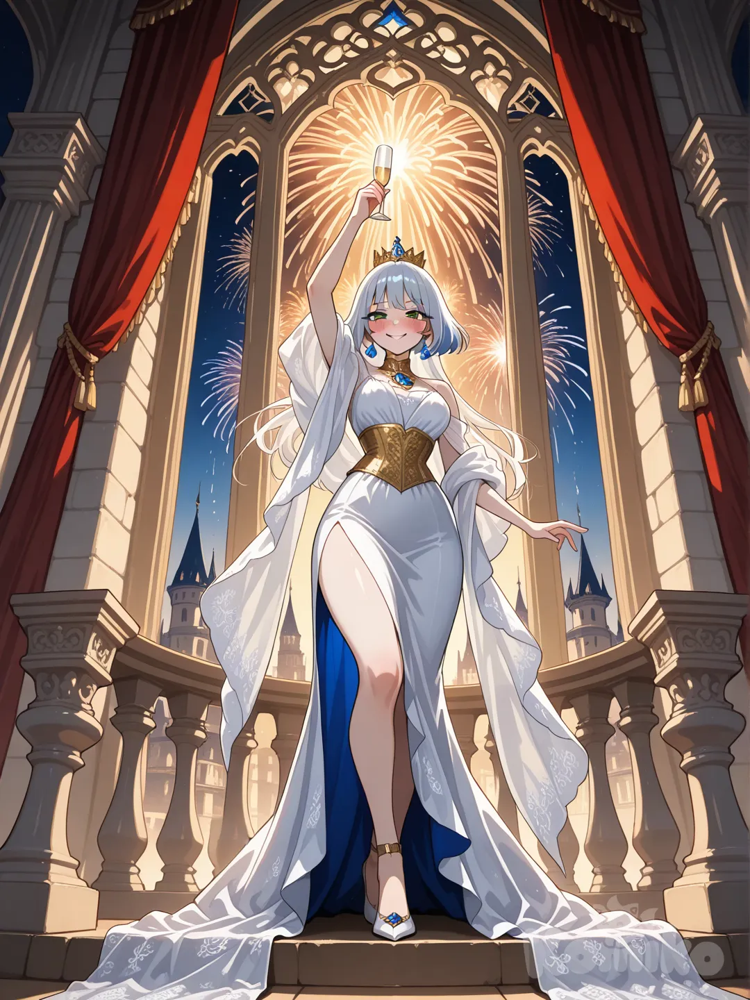 Elegant anime-style princess standing on a royal palace balcony at night, full body, low-angle heroic shot. She wears a small golden crown with colorful gemstones, sapphire blue earrings, and a matching oval blue gemstone brooch on her chest. Her facial features are cute and refined, big expressive green eyes, gentle confident smile, soft blush on cheeks, anime-style proportions. She is wearing a luxurious white evening gown with a fitted corset top, subtle shimmer fabric, elegant drapery, and a high slit revealing one leg. The dress has layered flowing fabric and delicate ornamental patterns near the hem. She wears white high heels with ankle straps. Pose: confident and celebratory — one arm raised gracefully toward the sky, fingers slightly spread, the other hand holding a champagne flute. Her posture is proud, elegant, and queen-like. Environment: grand royal castle balcony with classical stone columns and arches, red velvet curtains framing the scene. In the background, multiple castle towers and spires under a deep night sky. Fireworks exploding brightly behind her — golden, white, and pastel fireworks filling the sky, dramatic lighting illuminating her silhouette from behind. Lighting: cinematic, warm golden highlights from fireworks, soft ambient night lighting, rim light around hair and dress, high contrast but soft anime shading. Style: high-quality anime illustration, fantasy fairy-tale aesthetic, clean lineart, smooth shading, ultra-fabric folds, magical atmosphere. Composition: centered character, symmetrical architecture, epic celebratory mood, princess moment, fairy-tale ending scene. Ultra high resolution, sharp focus, no blur, professional anime artwork., @shaku-AeFw
