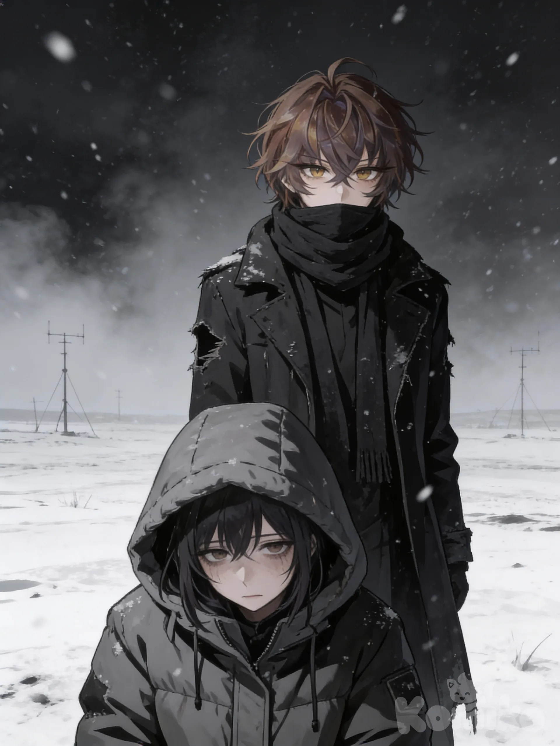 two characters (female and male) standing in a frozen empty wasteland,
hard dark winter atmosphere,
black and white color palette with cold gray tones,
heavy snowfall, thick fog, dark overcast sky,
abandoned antennas on the horizon,
female character wearing a long torn dark winter coat and scarf covering face,
emotionless empty gaze, cold expression,
male character behind her, heavy winter jacket with hood,
tired hopeless expression, slouched posture,
dreamcore psychological horror mood,
cinematic lighting, ultra anime realism,
no text, no watermark
Anime-style young male character, teenage boy, slim build, soft and calm appearance.
Medium-length messy brown hair, slightly tousled, layered haircut with uneven strands, natural volume, soft texture, bangs partially covering forehead and lightly framing the face. Hair color is warm chestnut brown with subtle highlights, no facial hair.
Eyes are light brown / hazel, soft and expressive, almond-shaped.


у девушки и парня поменяй мимику, позу, одежду, но оставь их черты
--ar 16:9 --resolution 3840x2160