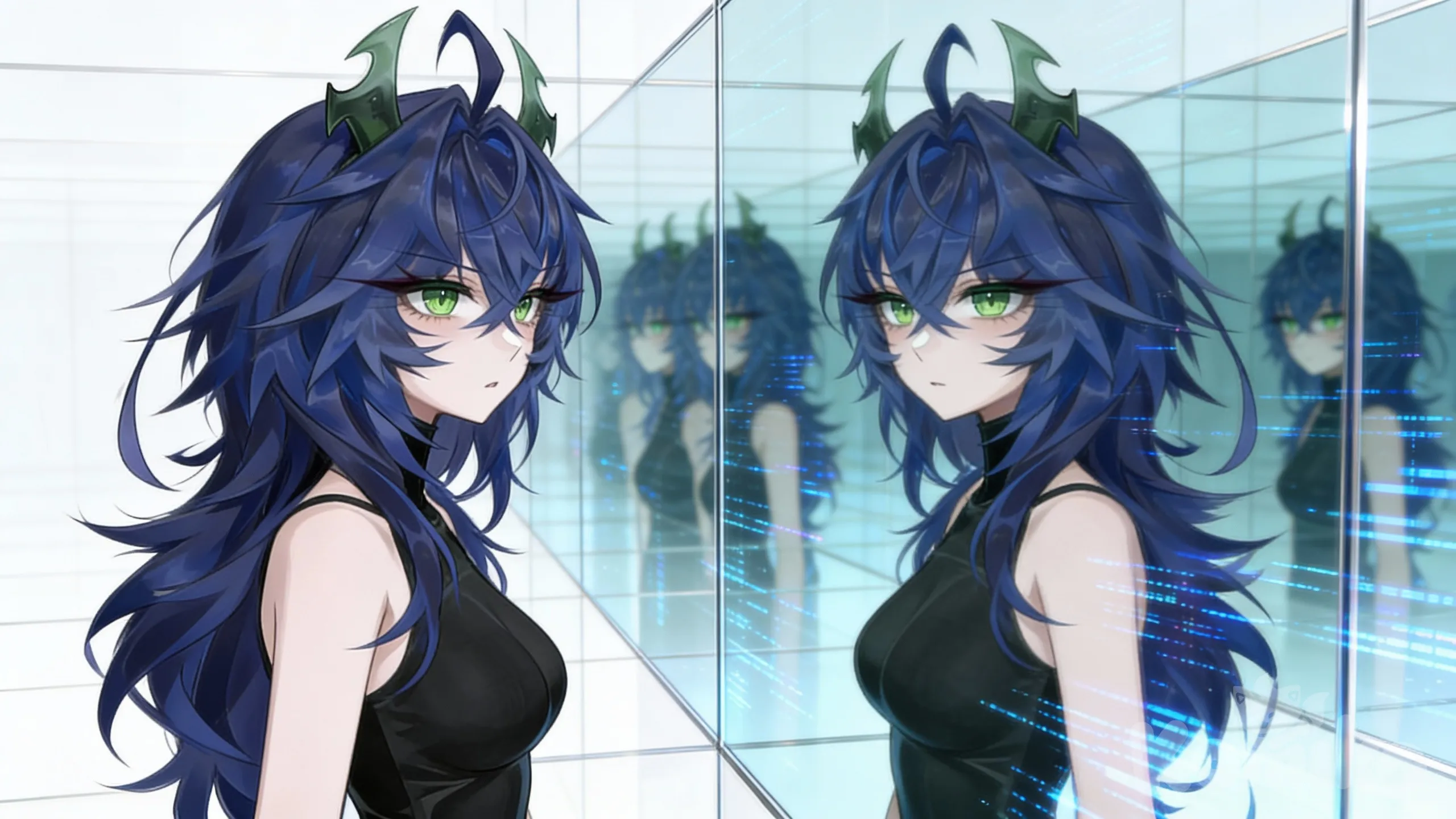 Use the provided image as the main character reference.
Preserve her facial features, hairstyle, eye color, horns, and overall identity exactly.
Do not add text, logos, or symbols on the image.
Anime cinematic portrait.
The girl stands in front of a mirror-like digital surface reflecting her image infinitely.
She is slightly turned to the side, looking at her own reflection with a conflicted expression.
Outfit: sleeveless high-neck black outfit, clean and sharp silhouette.
Background: reflective surfaces, soft white and blue light, subtle glitch distortions.
Mood: isolation, self-awareness, quiet emotional tension.
High detail, soft lighting, cinematic style, 16:9, no text.