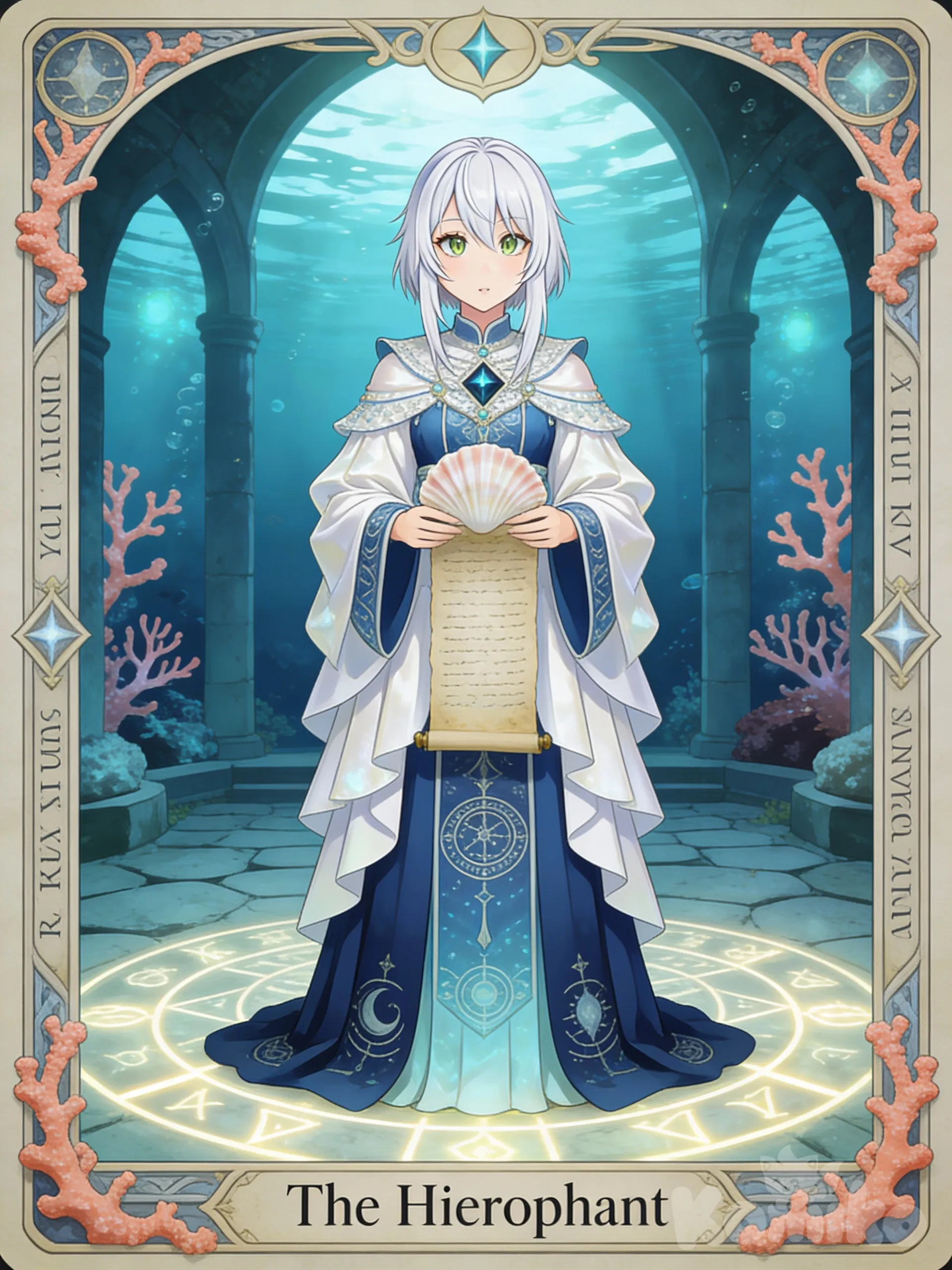 @shaku-AeFw anime tarot card, The Hierophant,

young ocean-themed girl,
short silver-white haircut,
long front strands neatly framing face,
soft pale skin,

large green eyes with precise black diamond-shaped pupils,
eye detail emphasized, geometric pupils visible,

facial expression: calm wisdom, patient seriousness,

outfit: ceremonial ocean priestess robes,
layered fabrics in pearl white and deep blue,
ancient marine symbols embroidered,

pose: standing upright, holding ancient shell scroll with both hands,
formal and composed posture,

environment: sacred underwater chamber,
stone floor with glowing runes,
soft bioluminescent light,

mood: tradition, teaching, spiritual authority,

fantasy anime illustration,
soft sacred lighting,
ornate tarot frame with coral inscriptions,
vertical 2:3 composition