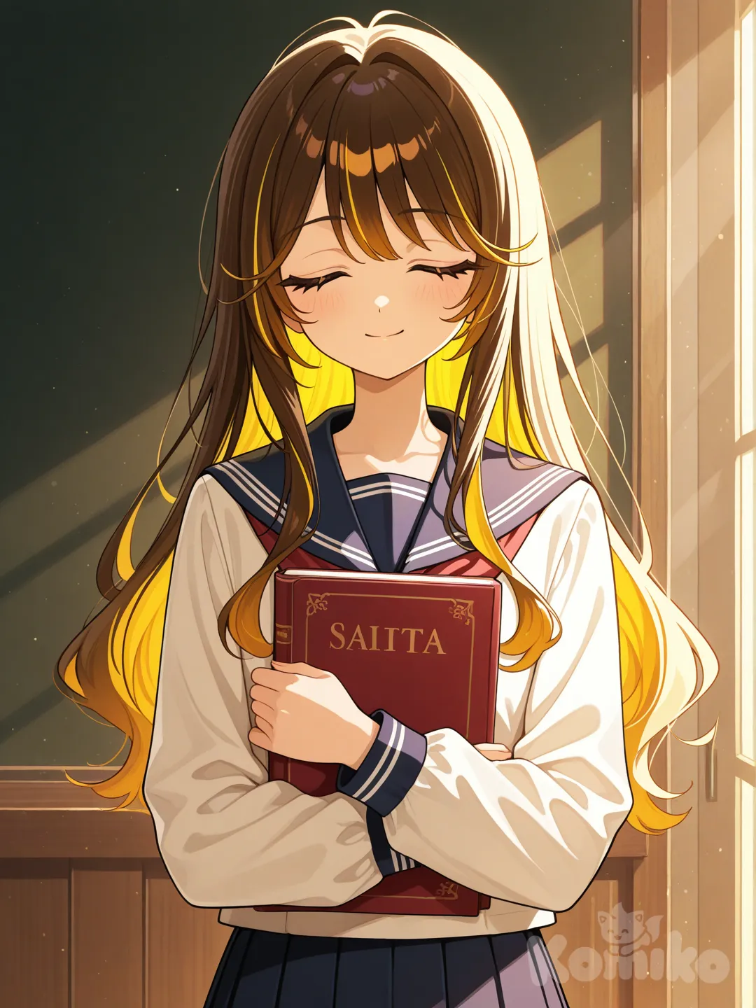 A teenage girl, wearing Japanese high school uniform, brown hair, facial expression similar to the reference, a bit frowning showing her harsh times and yet smiling with closed eyes and long lashes with golden glimpse by the sun, a standing pose holding her book and half facing us. The sun is glazing on her, making her hair seems golden, warm and like a sun that warms people even in dark times. Anime style, for reference, kaoruko wagering is similar to her.