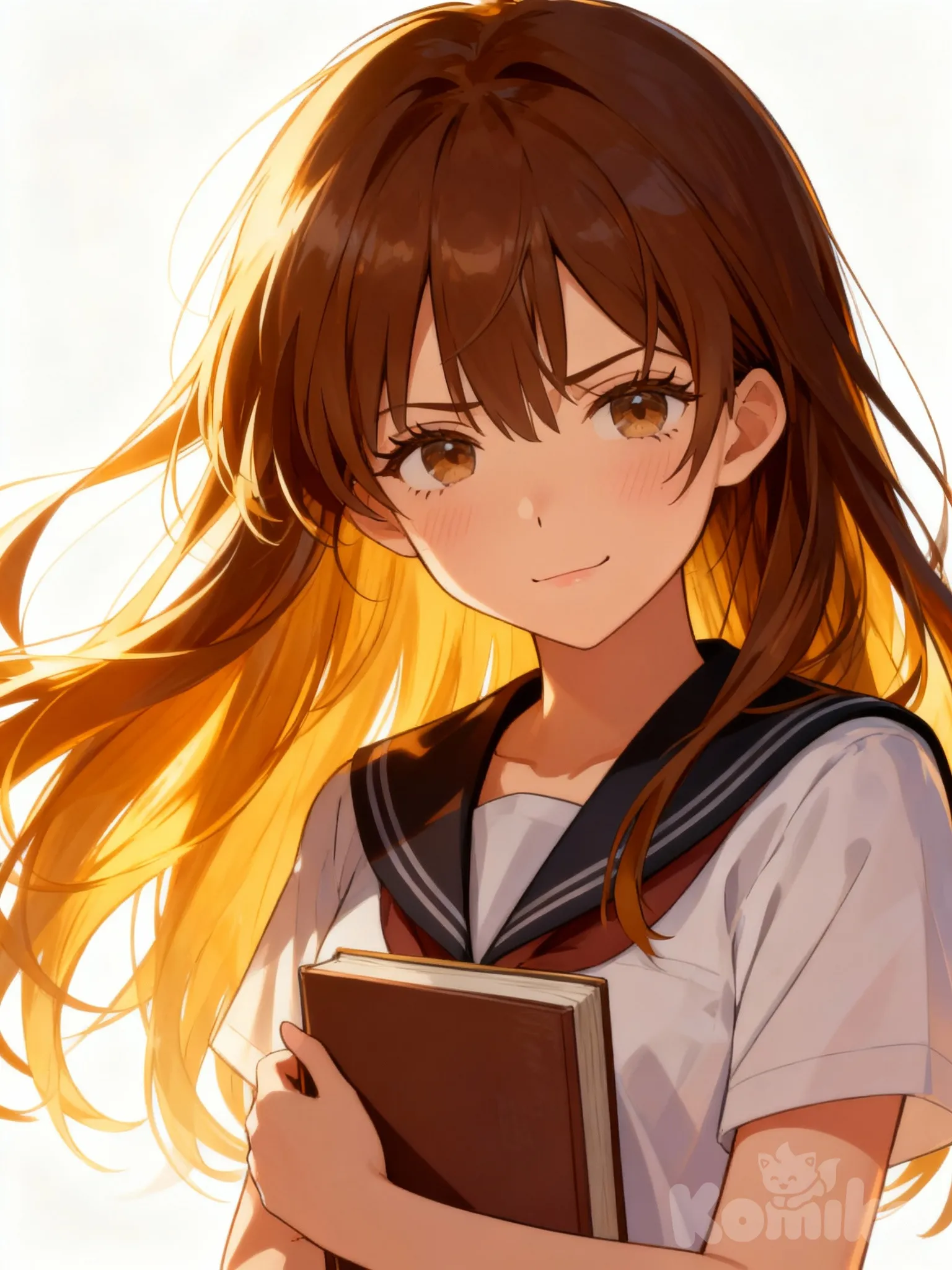 A teenage girl, wearing Japanese high school uniform, brown hair, facial expression similar to the reference, a bit frowning showing her harsh times and yet smiling with closed eyes and long lashes with golden glimpse by the sun, a standing pose holding her book and looking at us. The sun is glazing on her, making her hair seems golden, warm and like a sun that warms people even in dark times. Anime style, for reference, kaoruko wagering is similar to her.